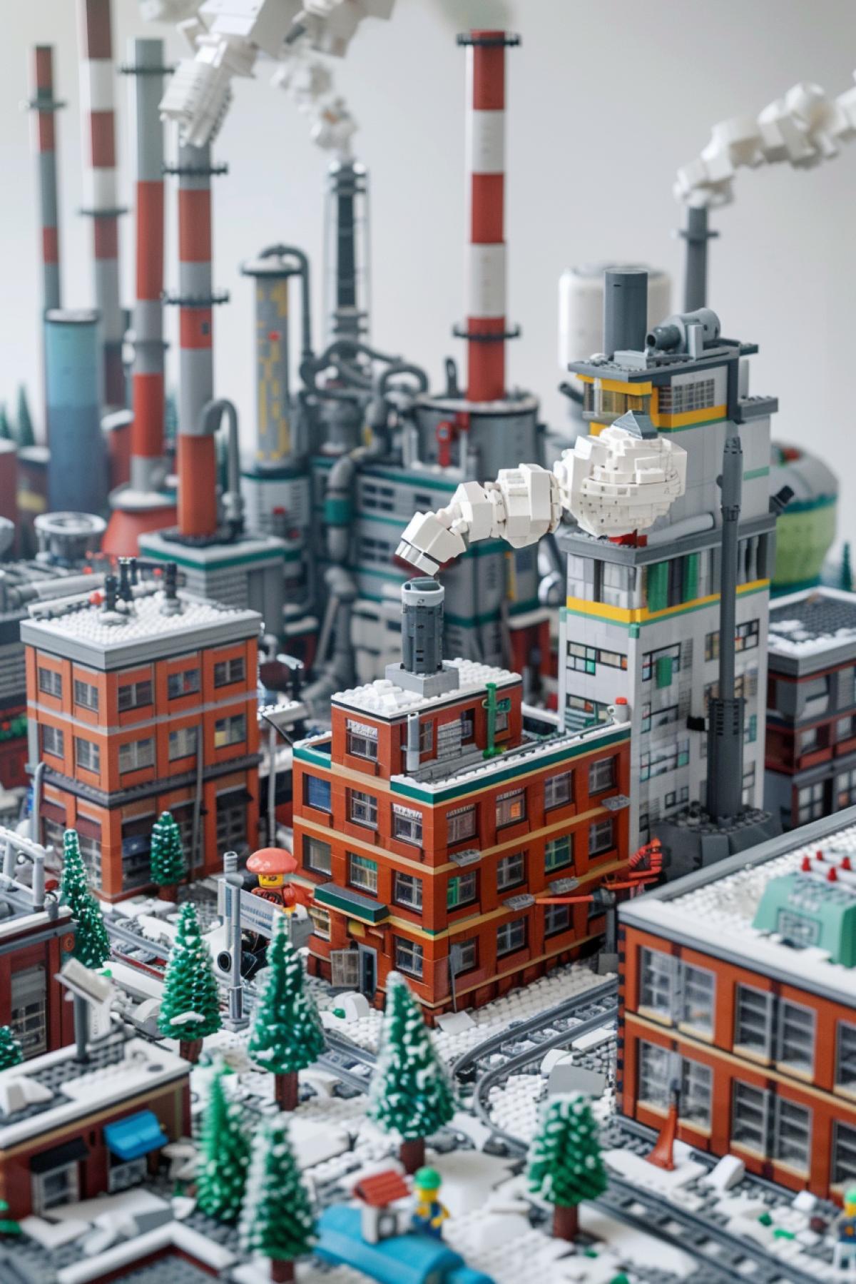 Industrial city built-up of Lego high houses factories with tubes smoke