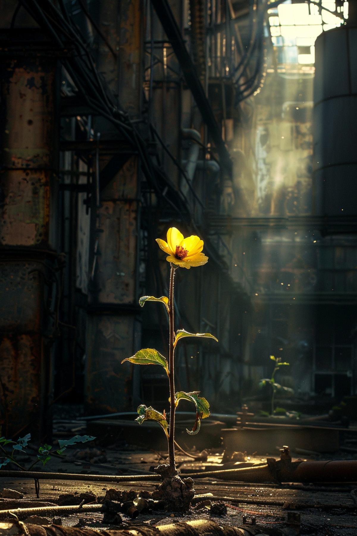 Industrial area, soot, smoke, a ray of sun illuminates one flower, steampunk style