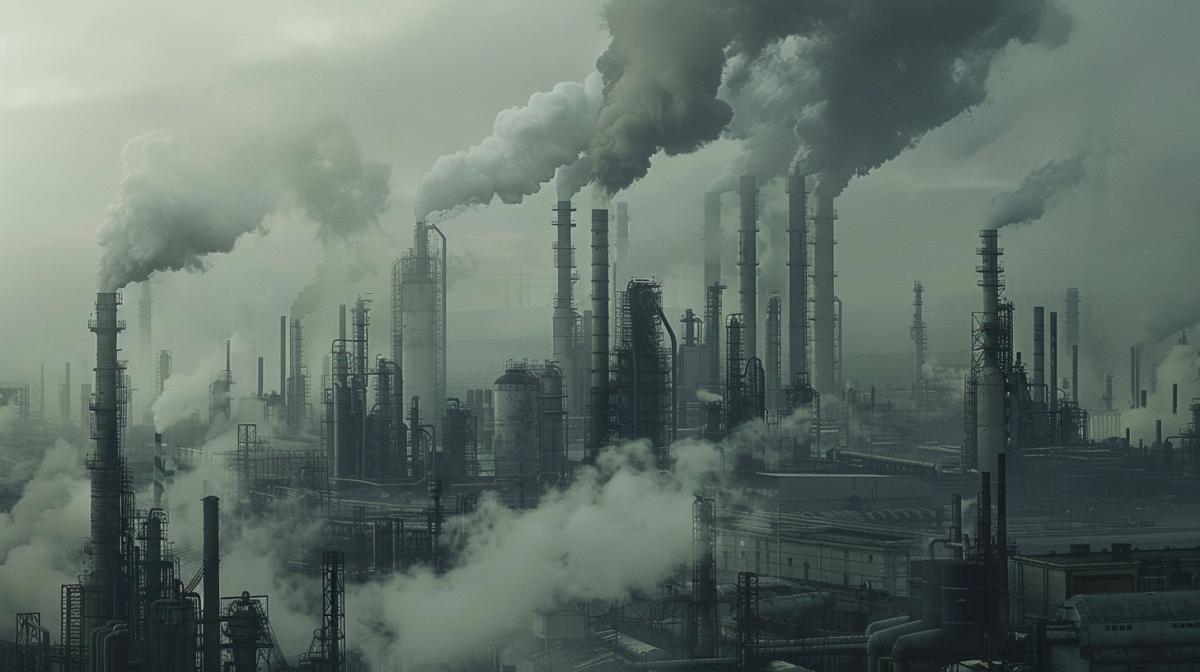 A huge industrial city in dieselpunk style, close-up industrial plants, dark smoke coming from the chimneys, the sky is gray with smoke, high quality, good detail, 8K, dystopia, atmosphere of hopelessness