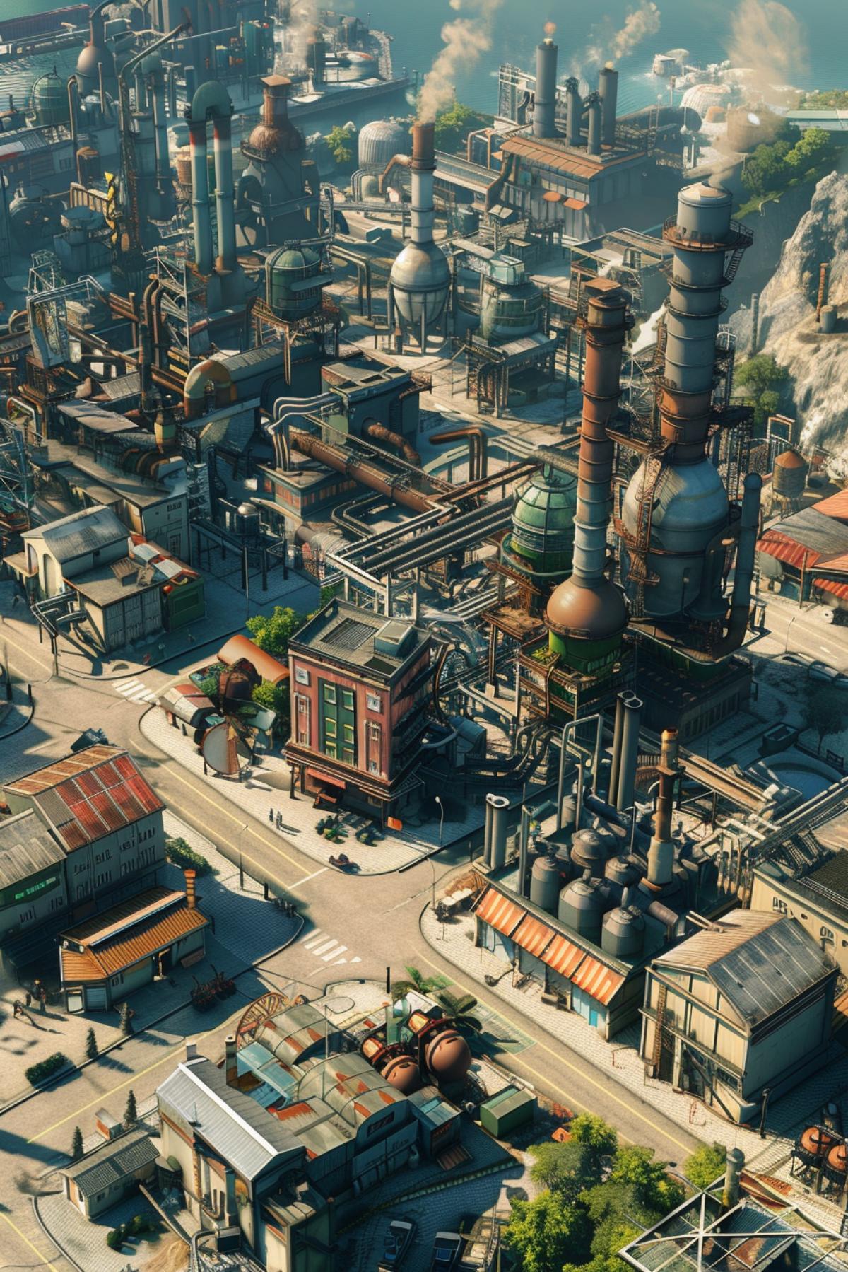 Photorealistic Industrial city with all the infrastructure, schools, shops. Plants and factories