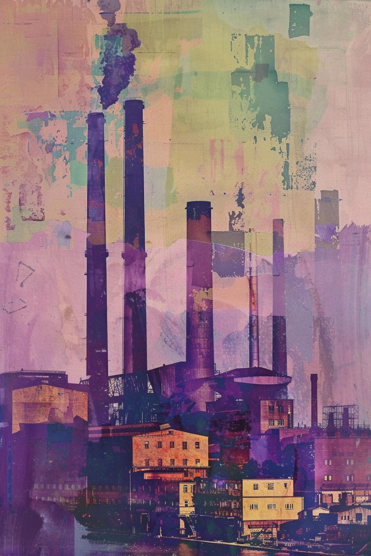 an image shows a factory with chimneys eminent in the field, in the style of impressionist cityscapes, zuckerpunk, deutscher werkbund, painting and writing tools, light violet and emerald, iconic works of art history, voigtlander brilliant