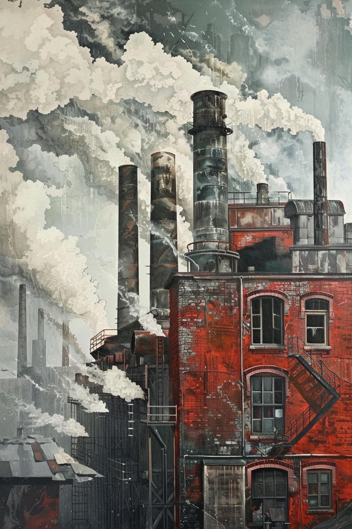 living in industrial age factory, smoking chimneys, highly detailed, rich colors, surrealism hyperrealism