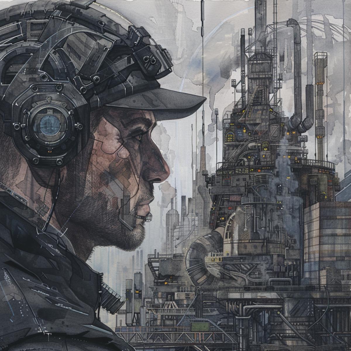 Rerolling futuristic worker, close up shot, looking left, futuristic industrial landscape in background, by Juan Gimenez, watercolor, dark grey color palette, detailed and intricate illustration, realistic
