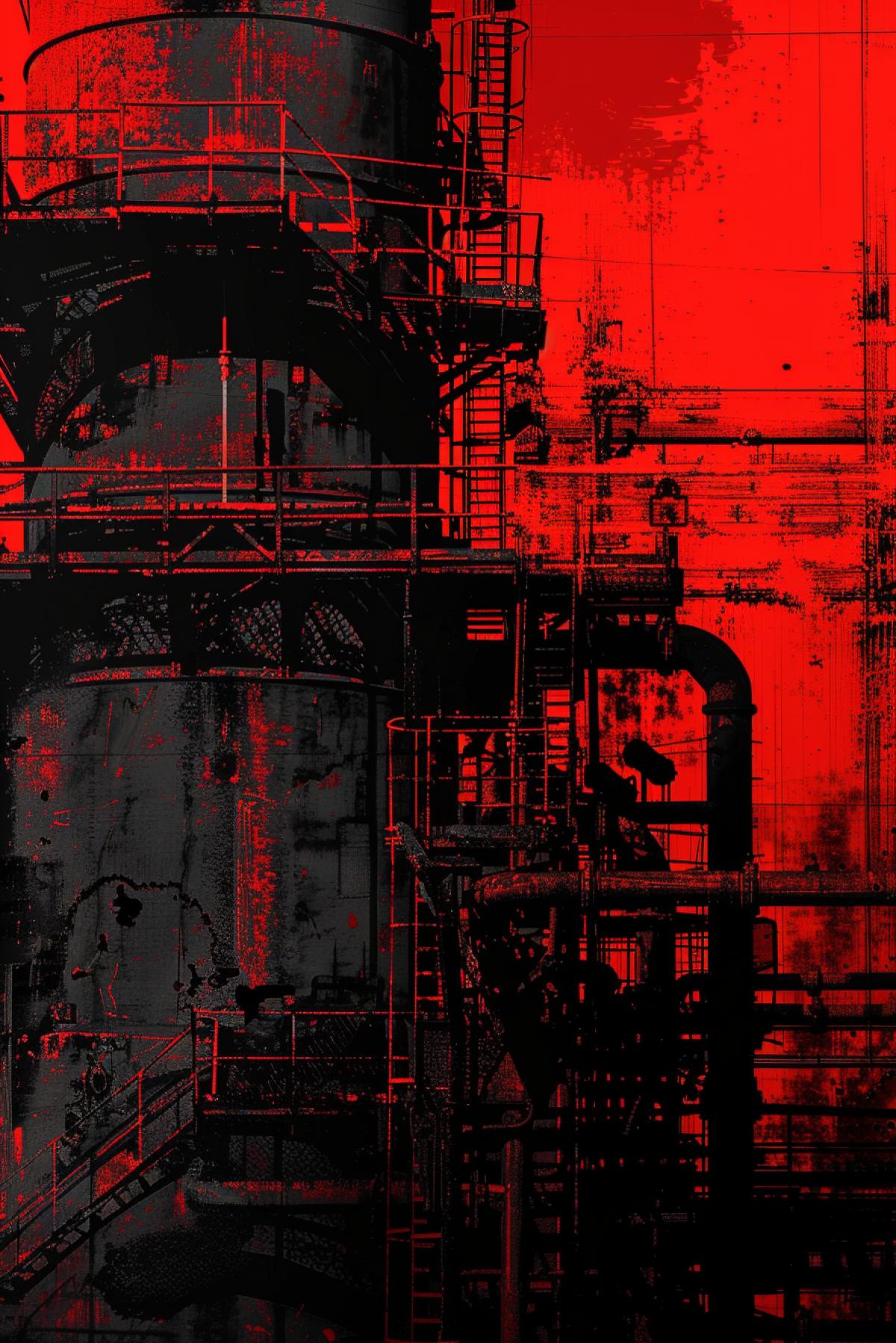 Industrial cityscape cyberpunk vibrant colours two colours only red and dark