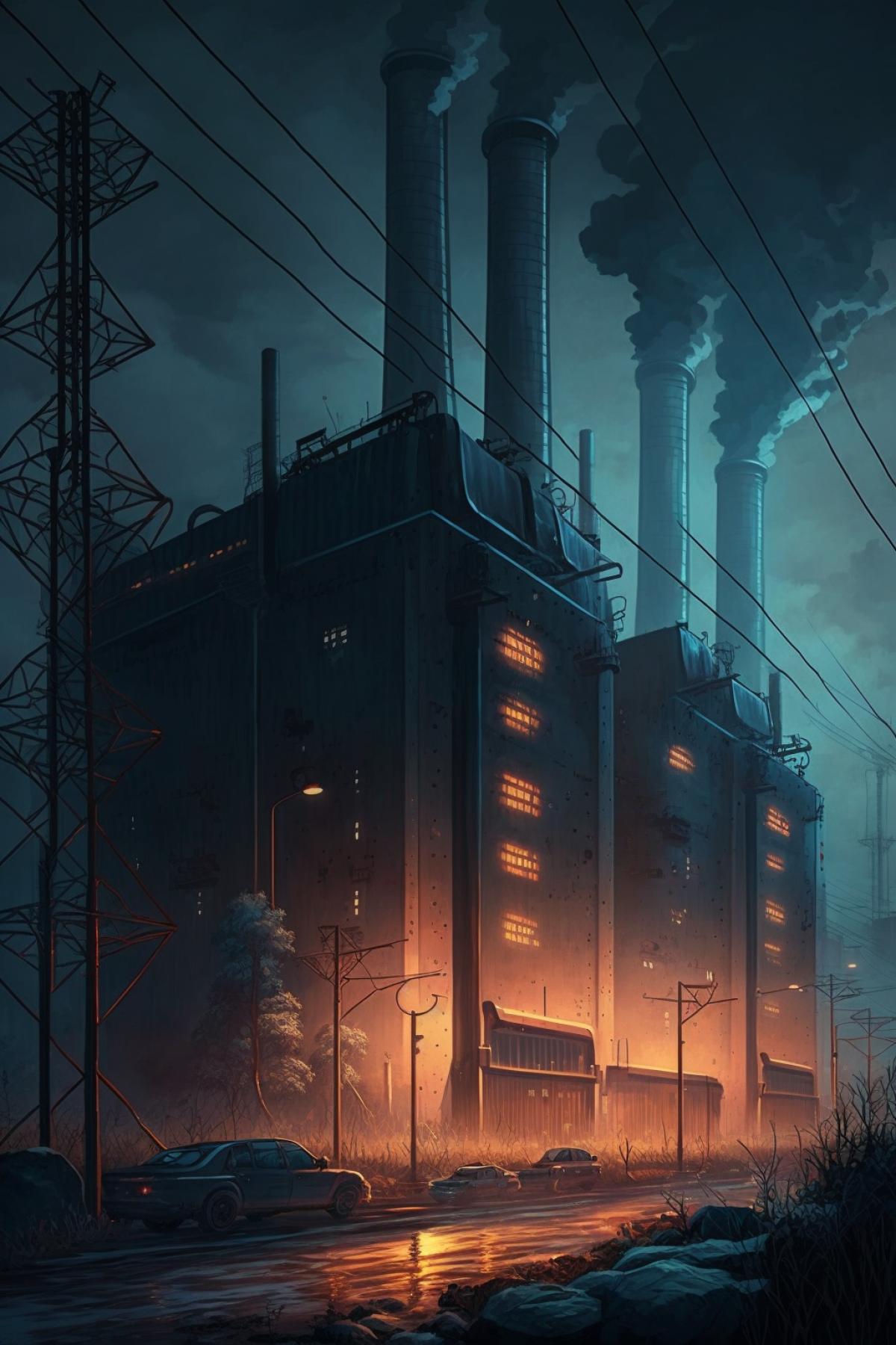 A large industrial city, many plants and factories, tall factory chimneys and electrical substations, high-rise apartment buildings, the year 2124, many electric lights, lights in the windows, light advertising on the streets, the sky is covered with smoke from factory chimneys