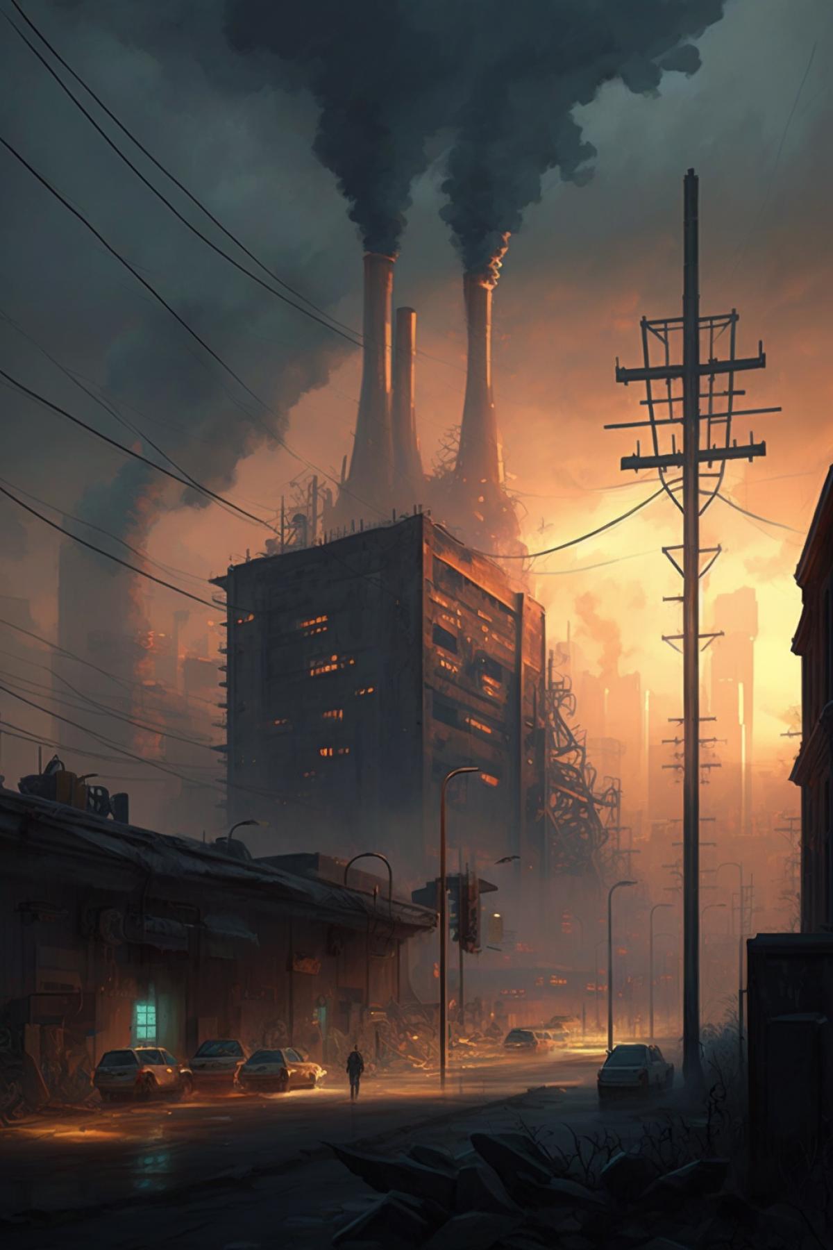 A large industrial city, many plants and factories, tall factory chimneys and electrical substations, high-rise apartment buildings, the year 2124, many electric lights, lights in the windows, light advertising on the streets, the sky is covered with smoke from factory chimneys