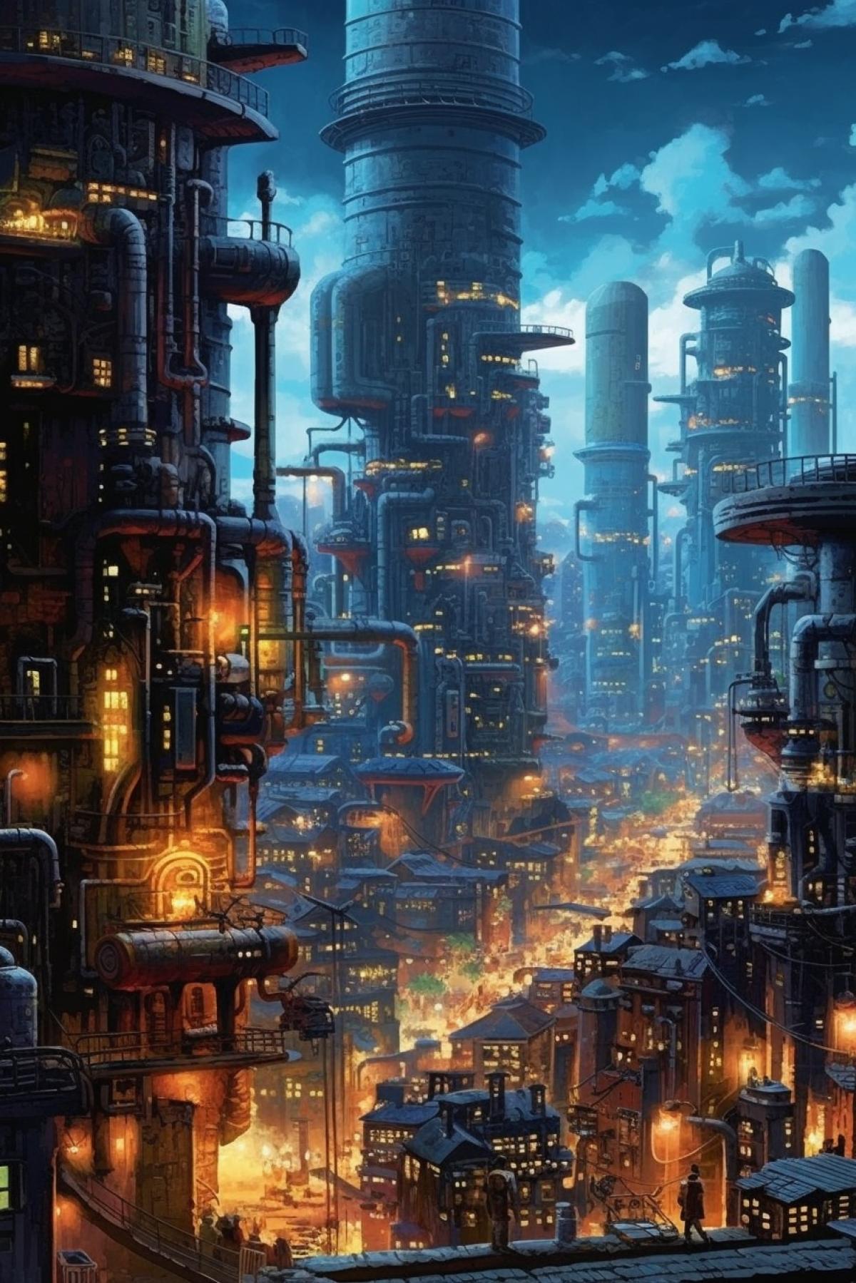 A large industrial city, many plants and factories, tall factory chimneys and electrical substations, high-rise apartment buildings, the year 2124, many electric lights, lights in the windows, light advertising on the streets, the sky is covered with smoke from factory chimneys