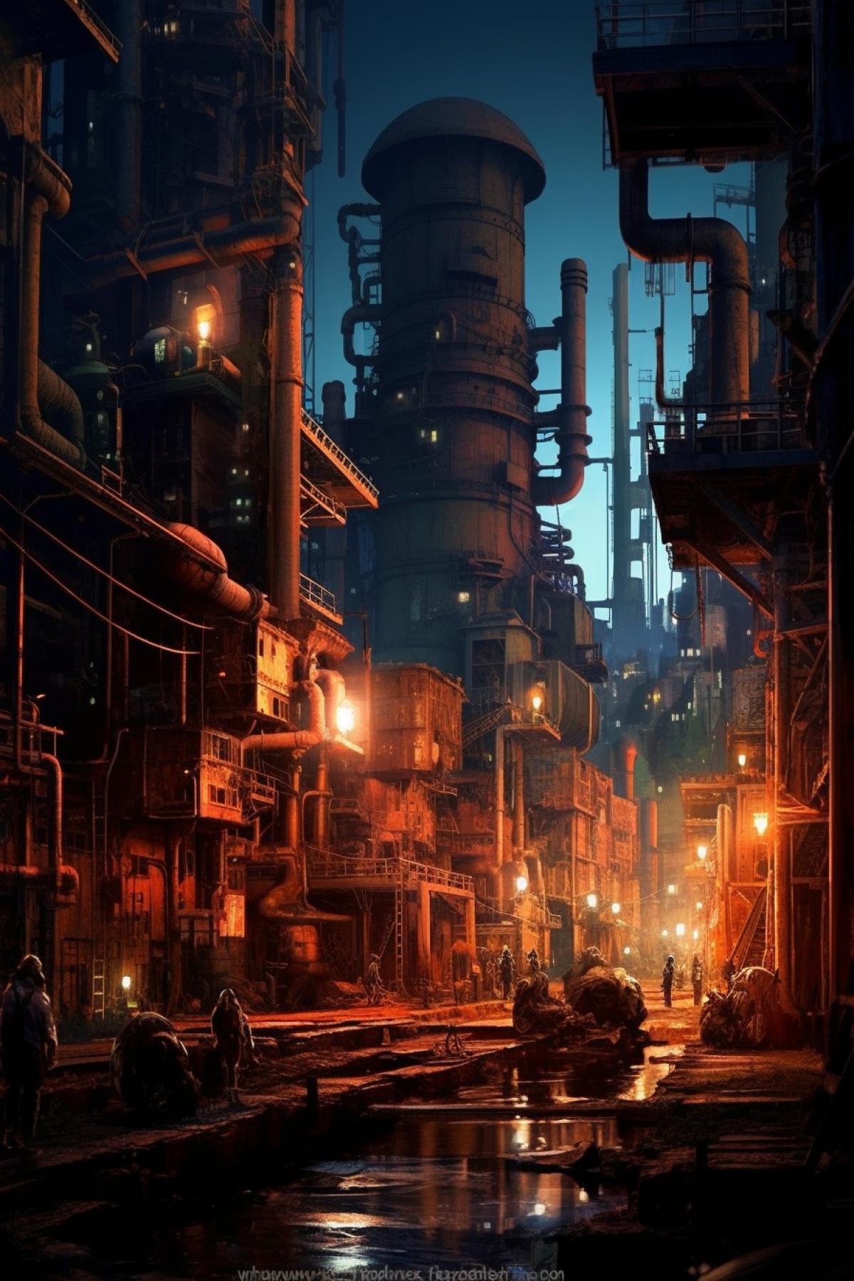 A large industrial city, many plants and factories, tall factory chimneys and electrical substations, high-rise apartment buildings, the year 2124, many electric lights, lights in the windows, light advertising on the streets, the sky is covered with smoke from factory chimneys