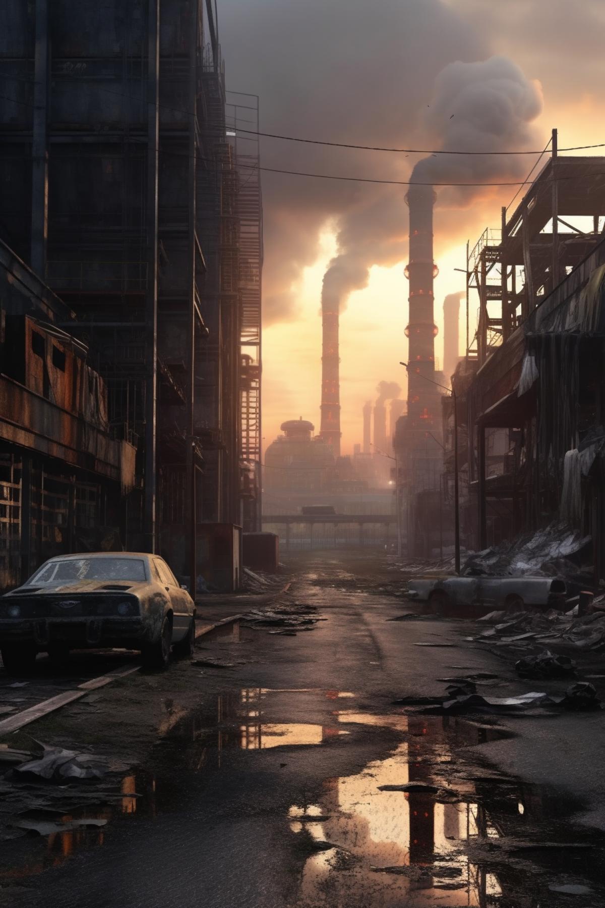 A large industrial city, many plants and factories, tall factory chimneys and electrical substations, high-rise apartment buildings, the year 2124, many electric lights, lights in the windows, light advertising on the streets, the sky is covered with smoke from factory chimneys