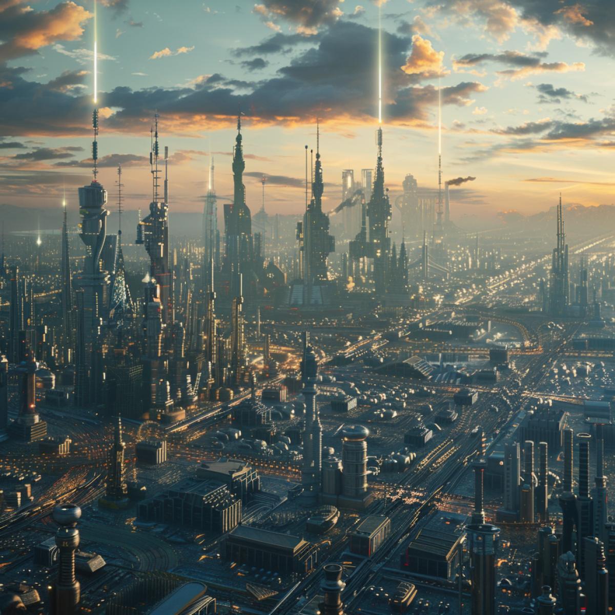 the industrial city of the future, with many industries, clean, high-tech, in the style of the future