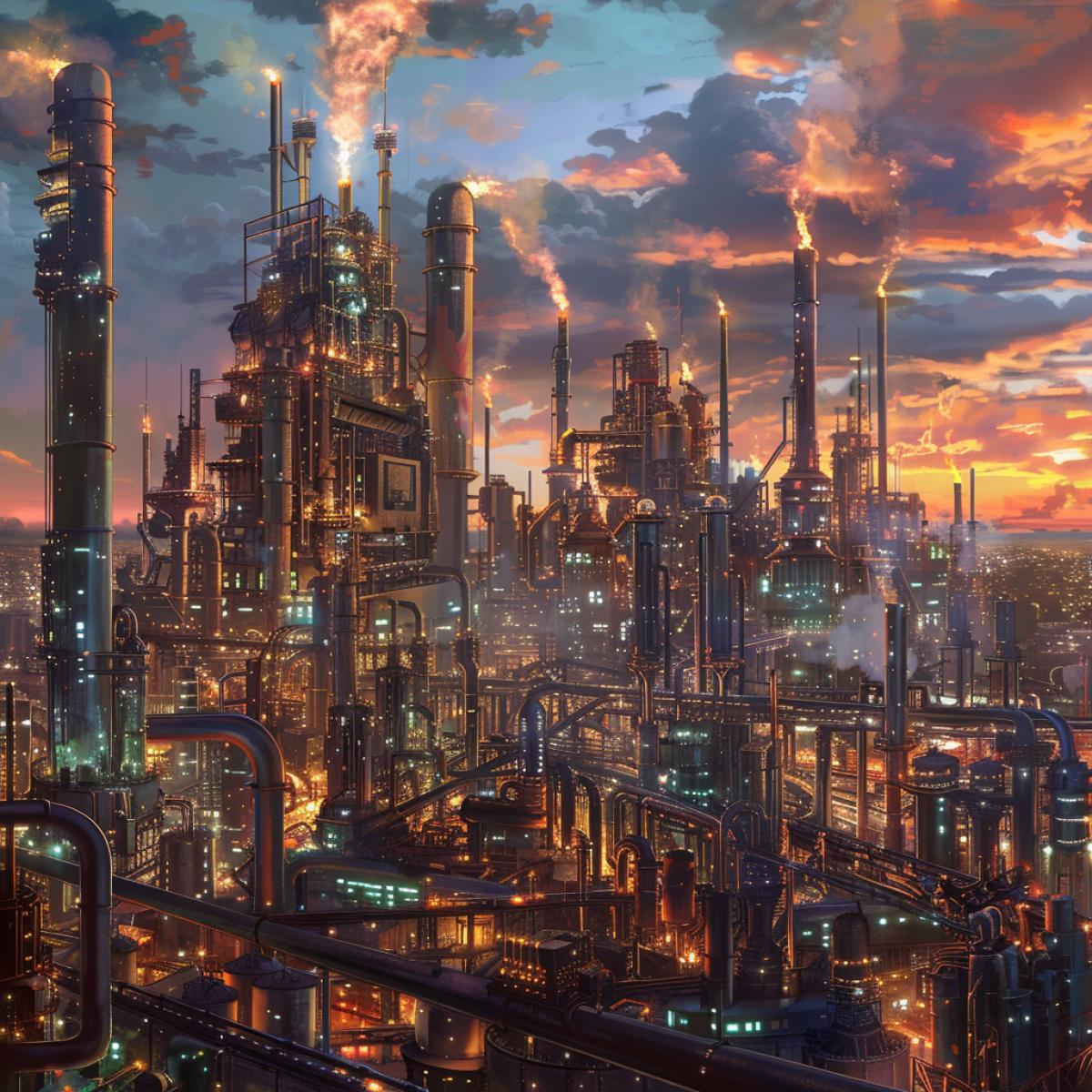 the industrial city of the future, with many industries, clean, high-tech, in the style of the future