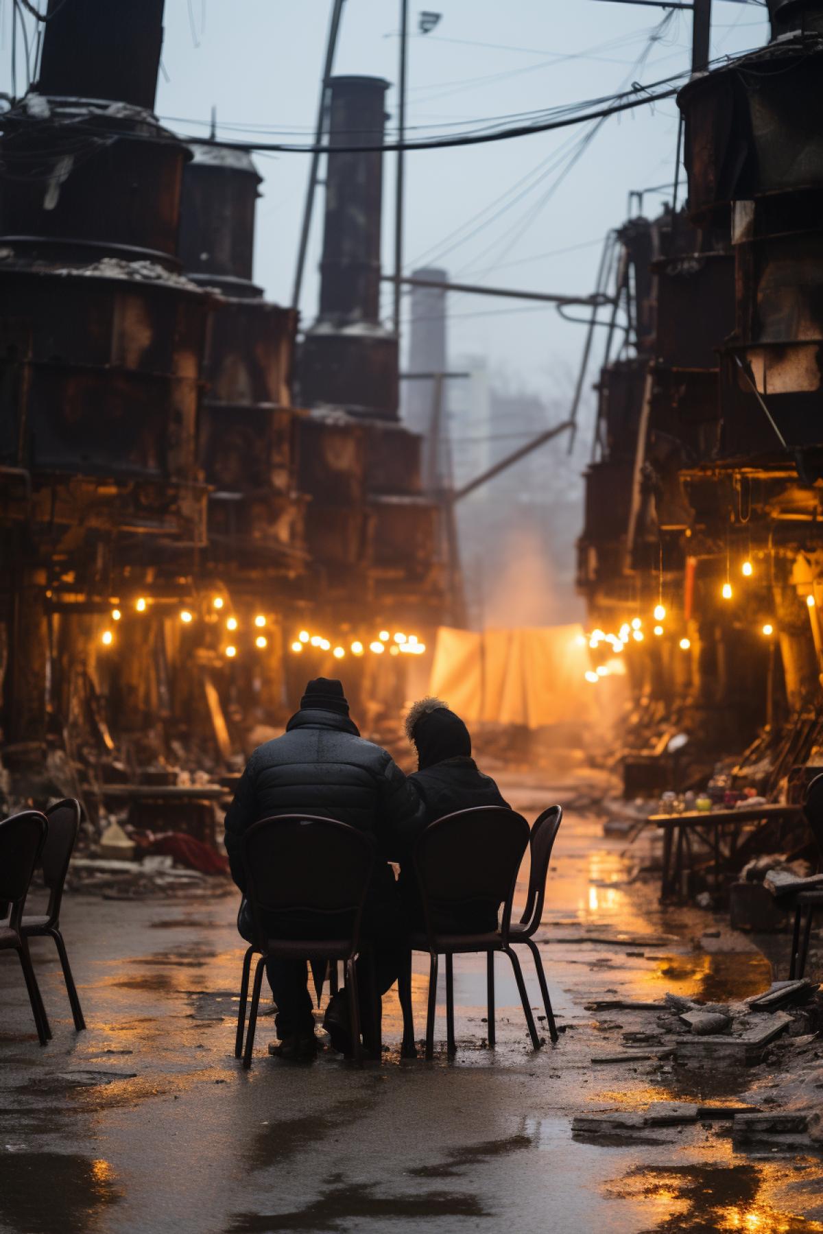 A guy and a girl at a table in a street cafe, cyberpunk style, in the background a large industrial city, many plants and factories, tall factory chimneys and electrical substations, high-rise apartment buildings, 2124 year, many electric lights, lights in the windows, light advertising on the streets, the sky is covered with smoke from factory chimneys