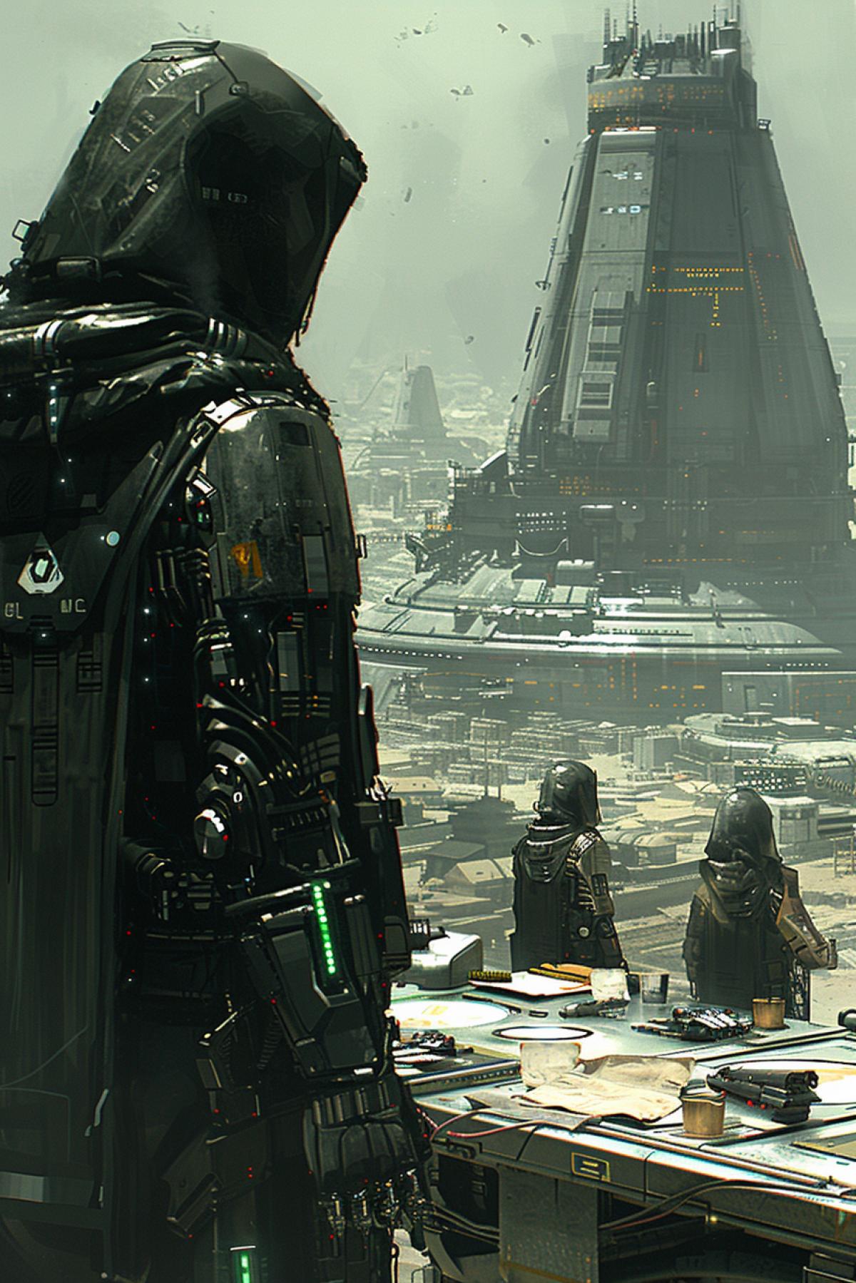 A guy and a girl at the table of a street cafe, cyberpunk style, high technology, in the background a large industrial city, many factories, tall office buildings made of glass and concrete, high-rise apartment buildings, 2224 year, a lot of electric lights, lights in the windows, light advertising on the streets