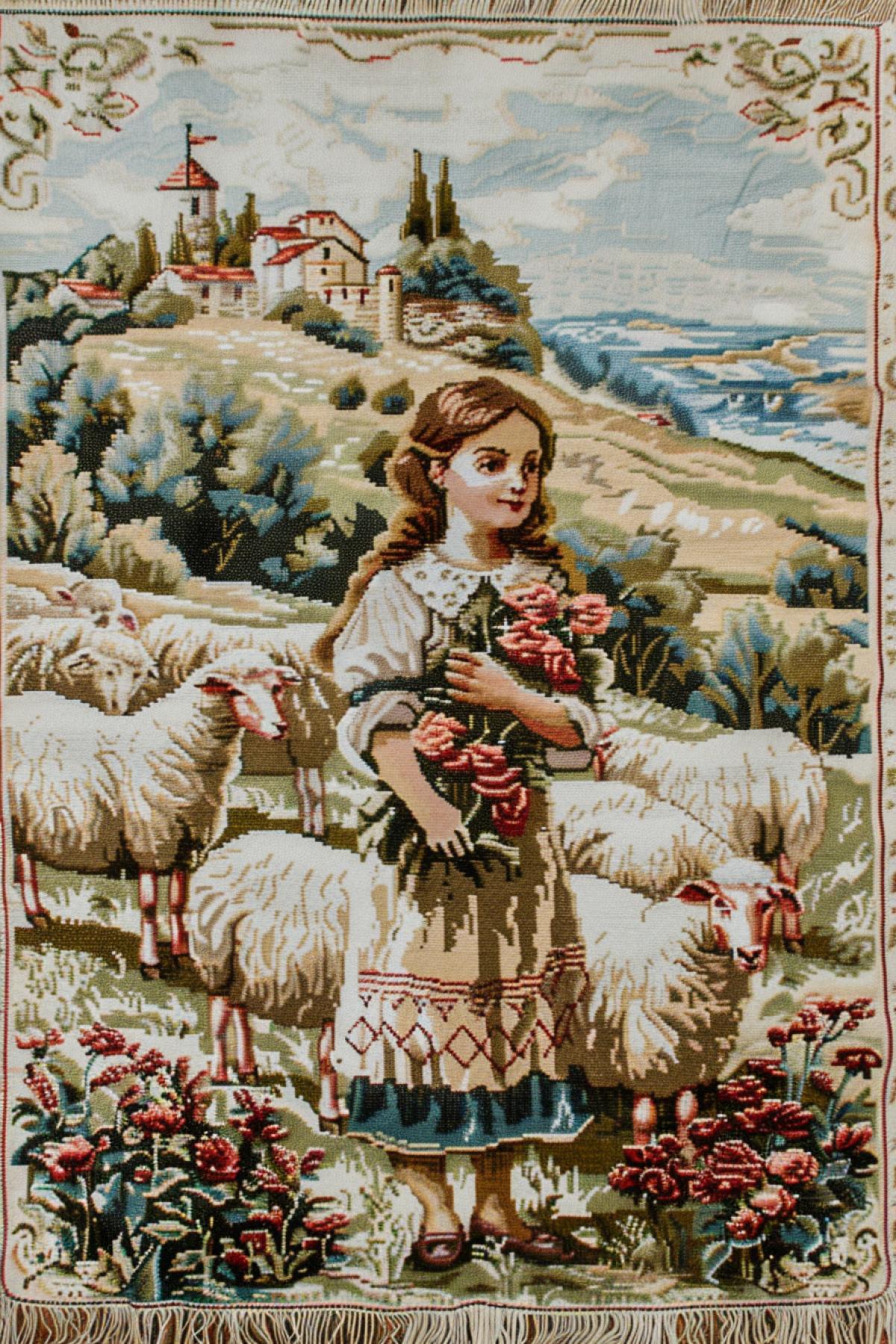 Tapestry with image of girl-shepherd on the background of meadows and sheep