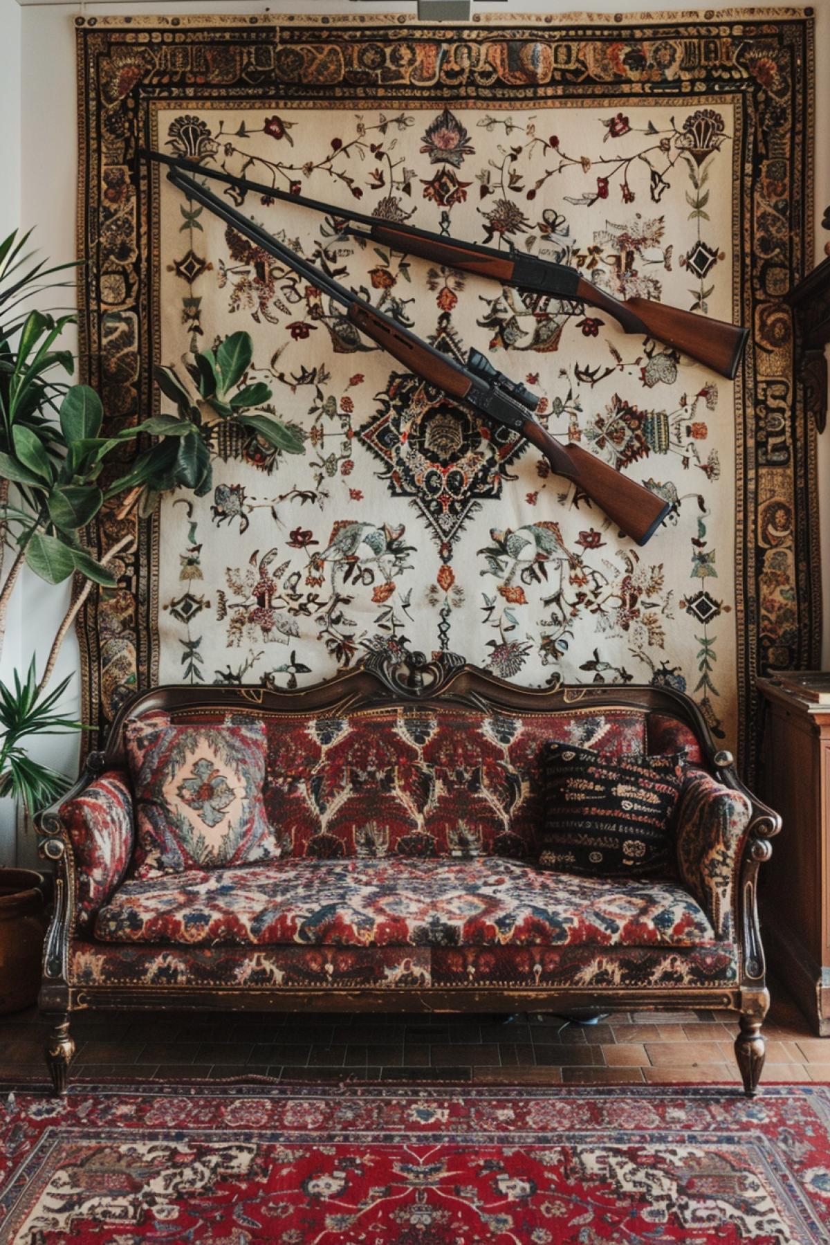 Cosy interior with oriental ornament Persian carpet on wall and two crossed old-fashioned guns hanging upon it