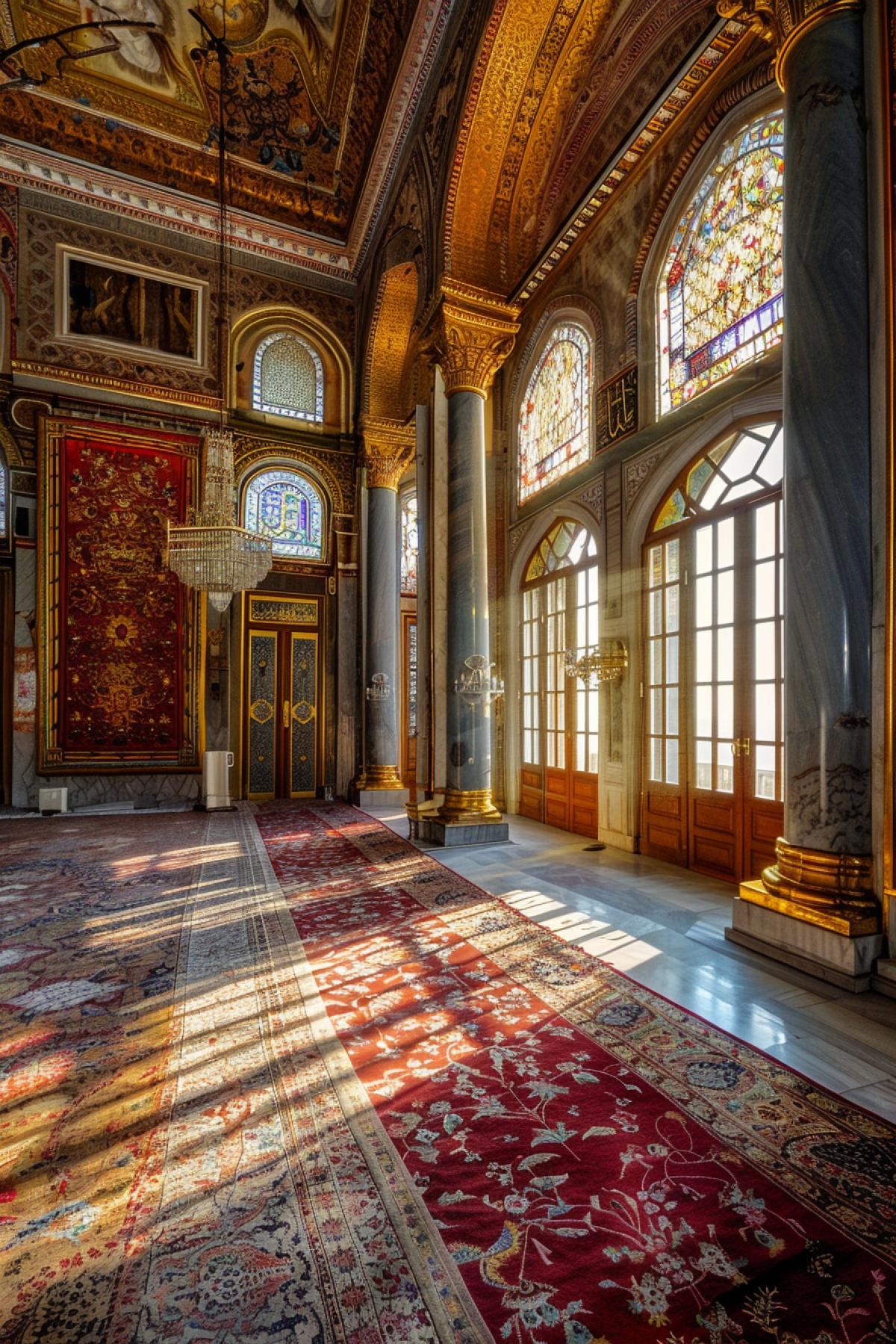 Royal chambers, carpets, tapestries, gold, crystal, large windows