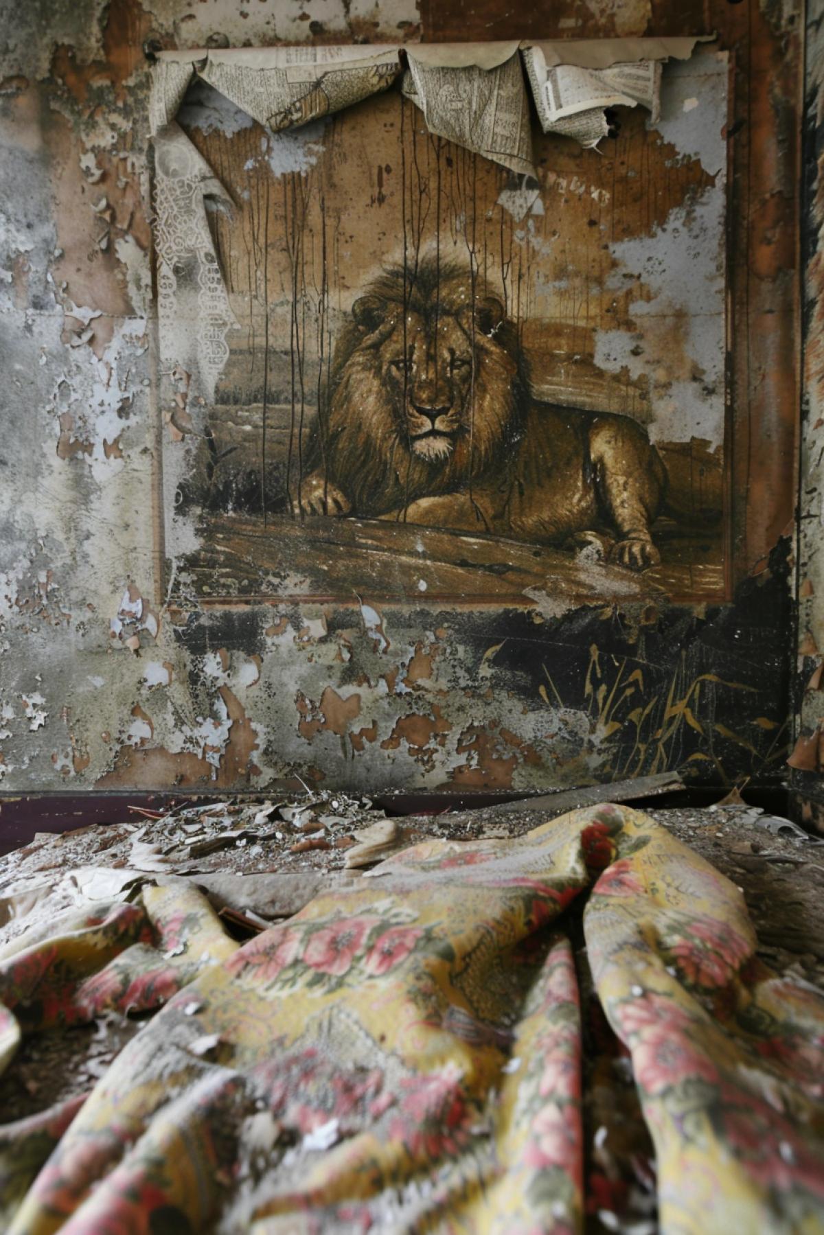 Interior of old bedroom on wall Moths-eaten carpet picturing frightening lion in savannah