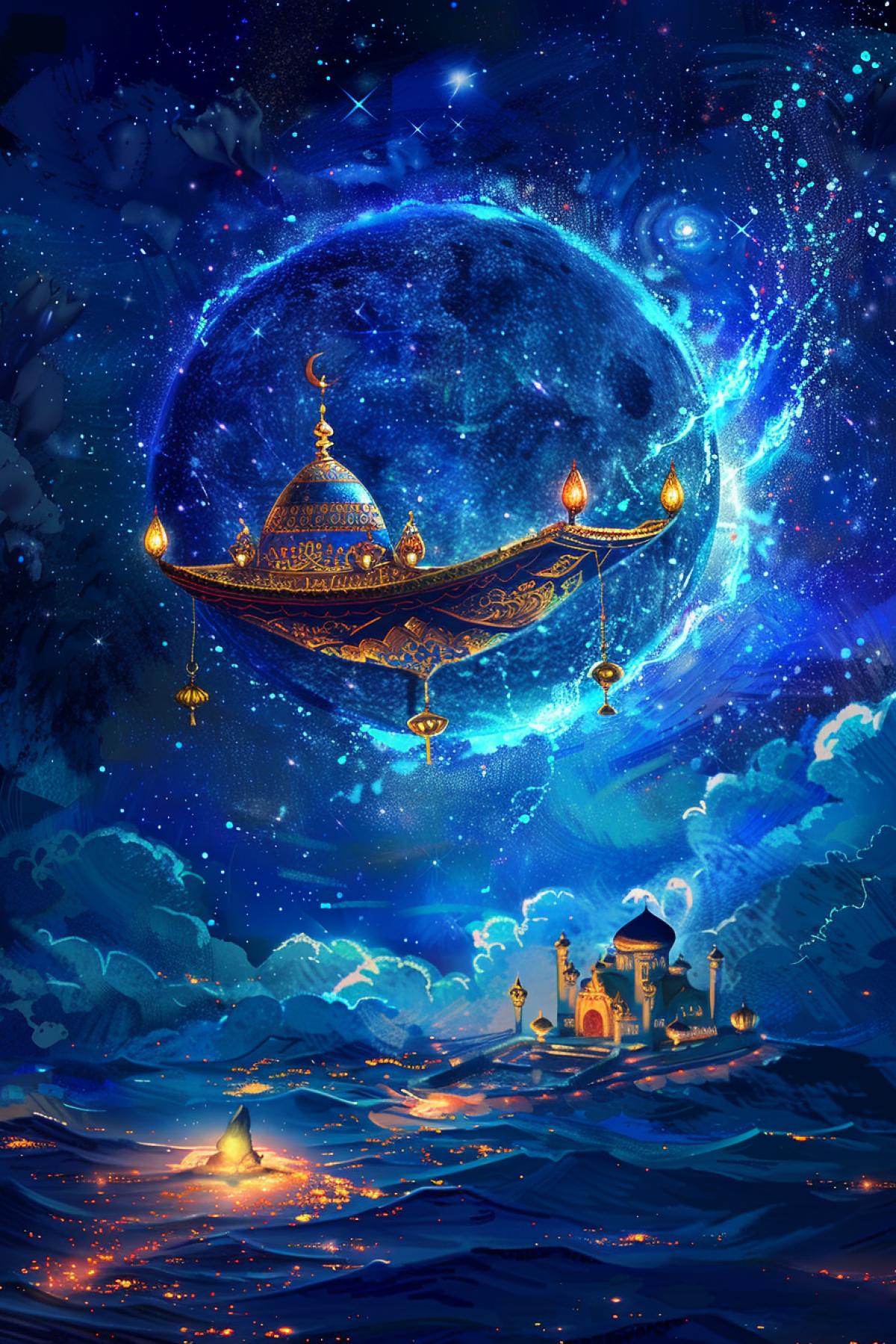 Flying carpets parade oriental ornament on flying carpets mystical tale scene highly detailed realistic illustration to thousands and one night Arab stories