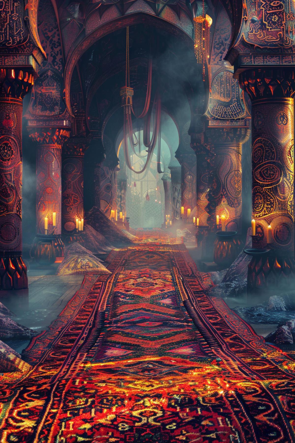 Several Flying carpets parade in agraba oriental ornament on flying carpets mystical tale scene highly detailed realistic illustration to thousands and one night Arab stories bright mystical colours