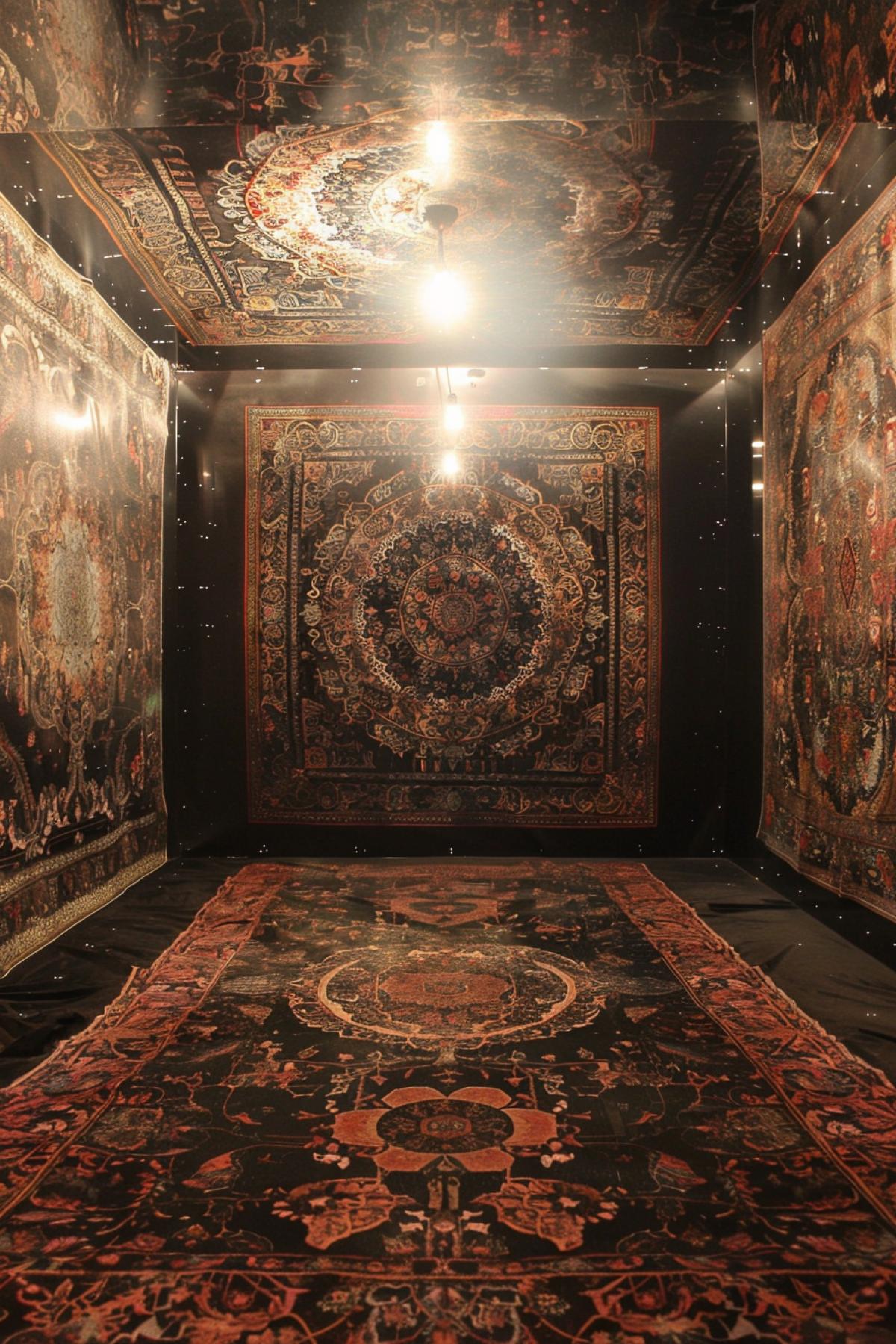 room made of carpets, maximalism, native american decorative patterns, gothic, Sepia / Sepia., Abstract art