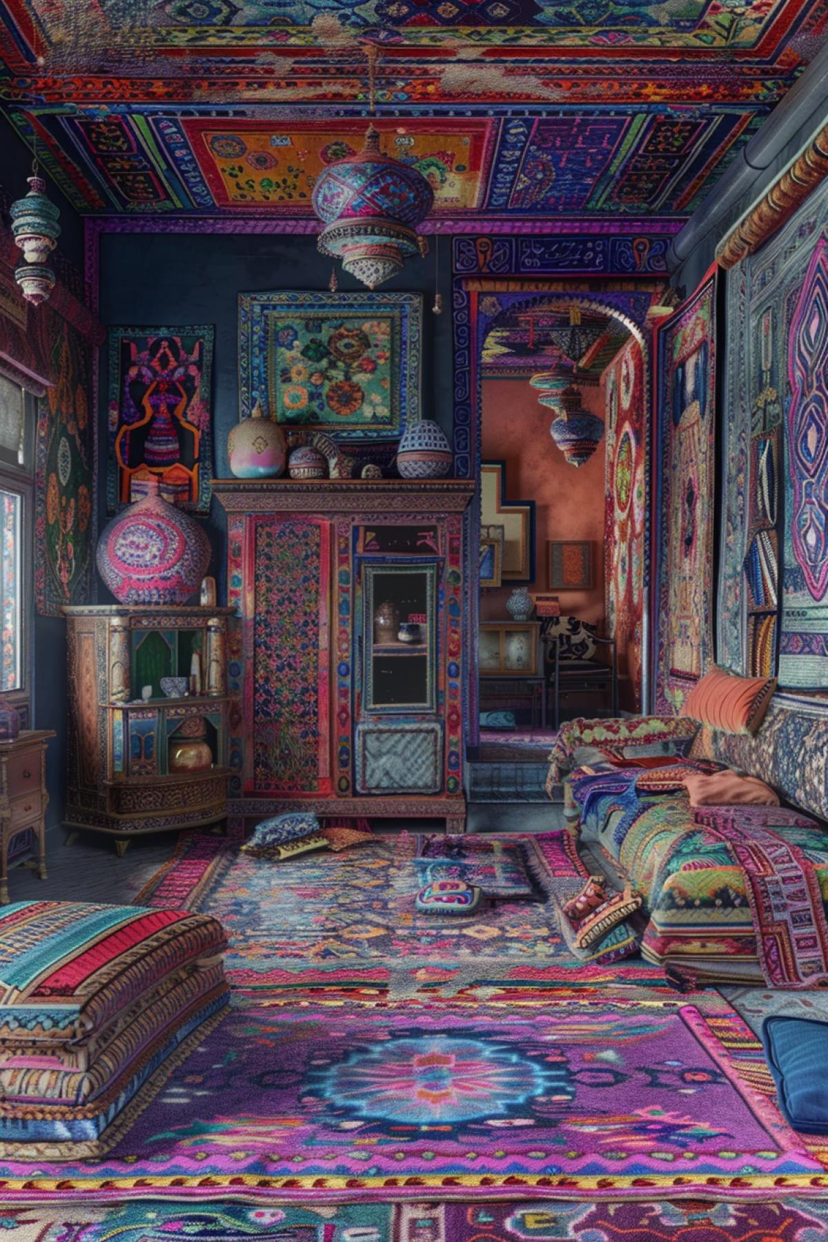 room made of carpets, maximalism, , gothic, ., Abstractionism, rich delicious colors, 5D image
