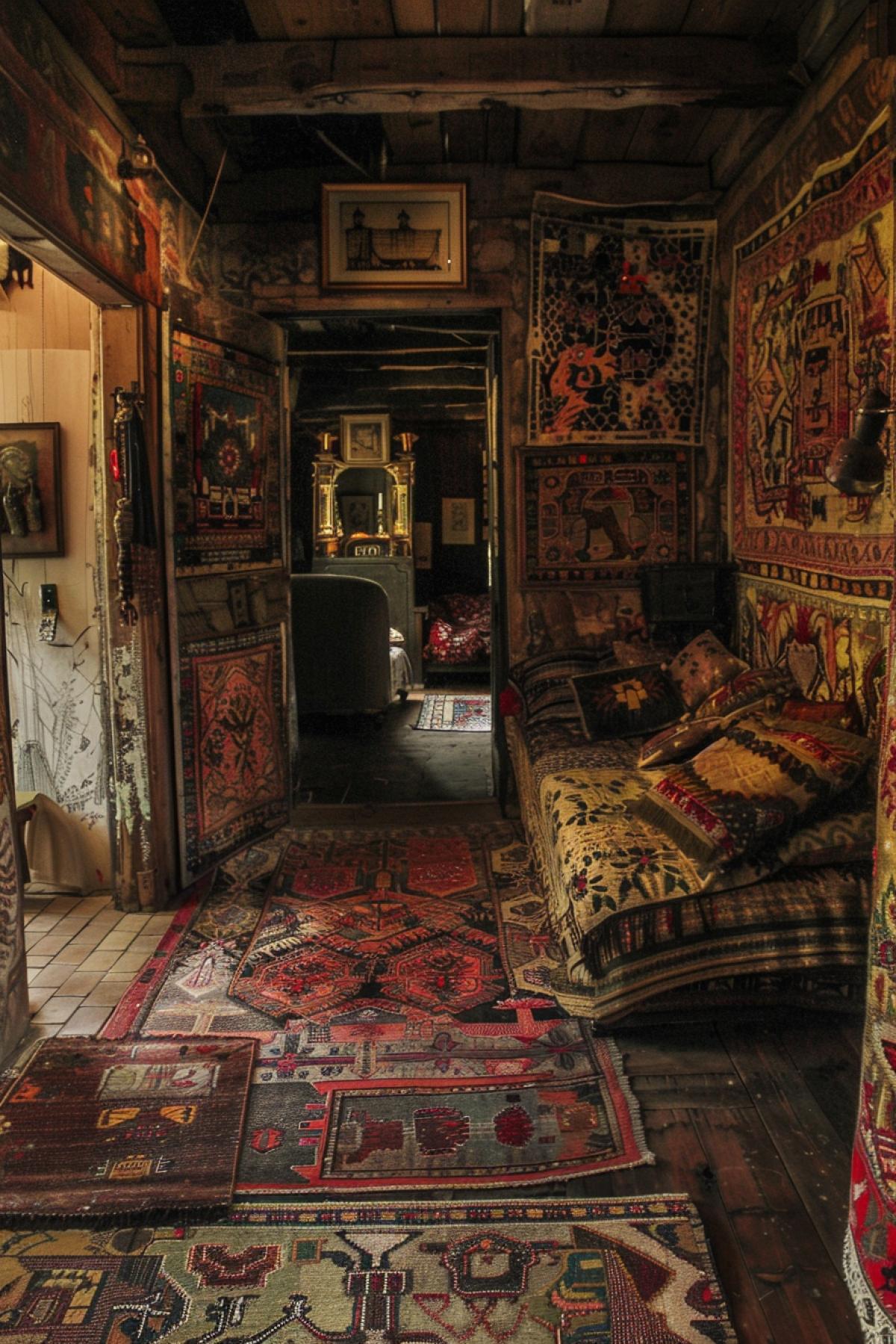 room made of carpets, maximalism, native american decorative patterns, gothic, Sepia / Sepia., Abstract art