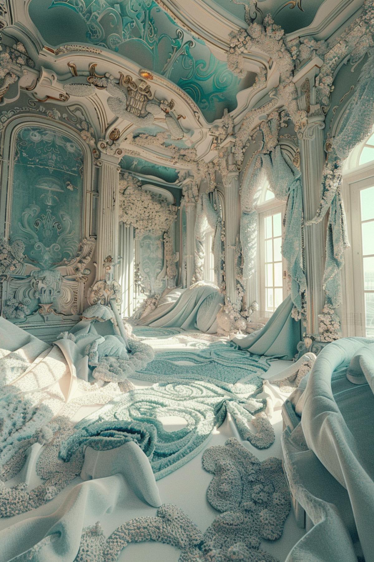 room made of Carpets, maximalism, , Gothic, ., Abstractionism, , 5D image, white-turquoise color, good photo quality