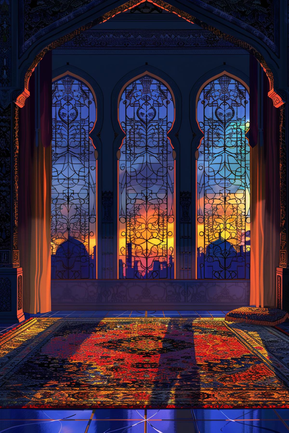 Sultans palace interior Persian carpets oriental spirit evening mystical agraba behind big windows mystical tale scene highly detailed realistic illustration to thousands and one night Arab stories bright mystical colours