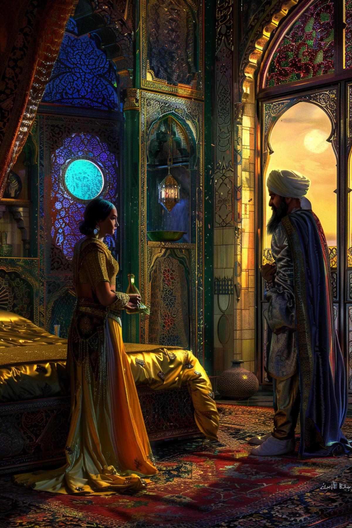 On rich Persian carpet in bedroom beautiful beloved Scheherazade with the Sultan mystical tale scene highly detailed realistic illustration to thousands and one night Arab stories bright mystical colours