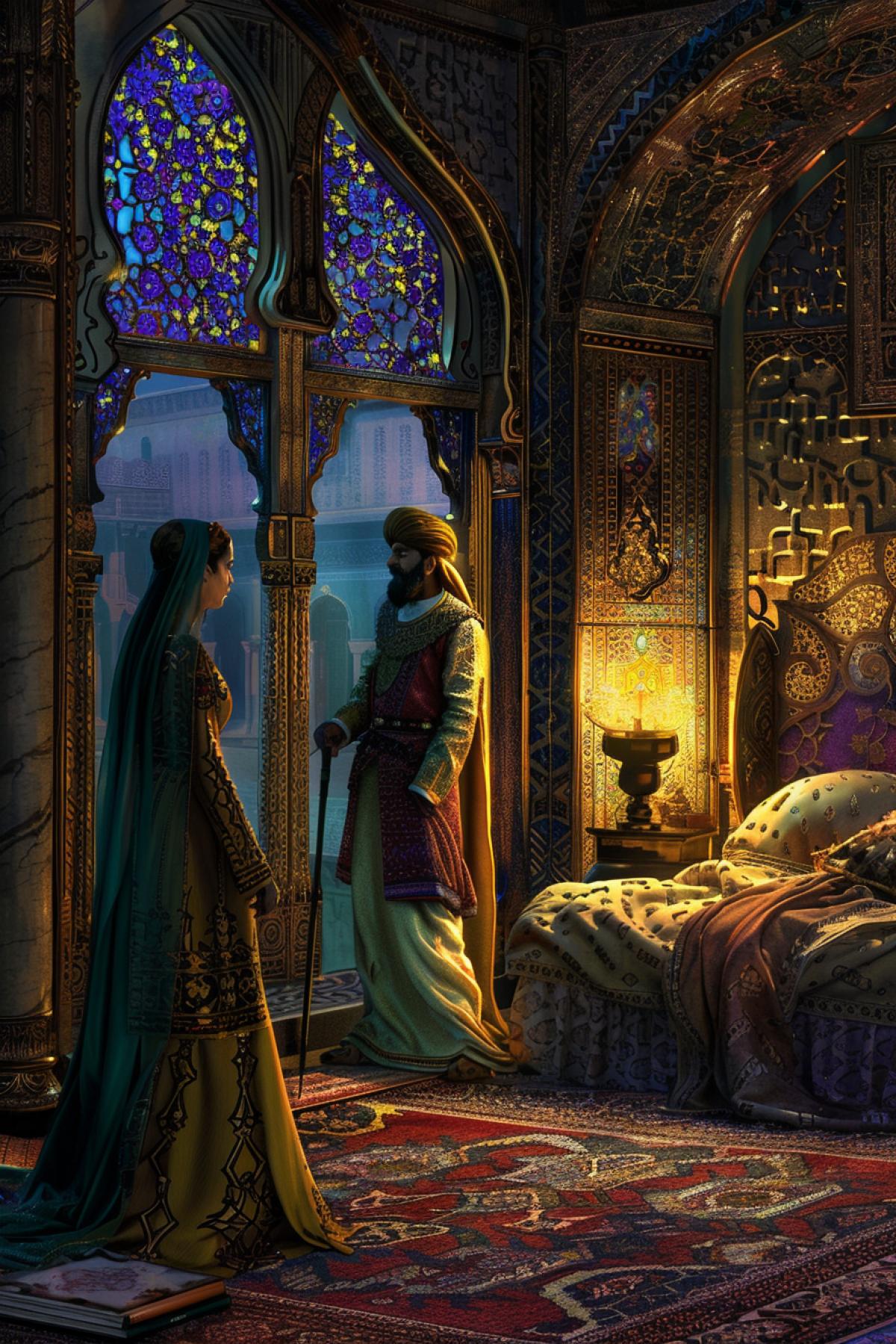 On rich Persian carpet in bedroom beautiful beloved Scheherazade with the Sultan mystical tale scene highly detailed realistic illustration to thousands and one night Arab stories bright mystical colours