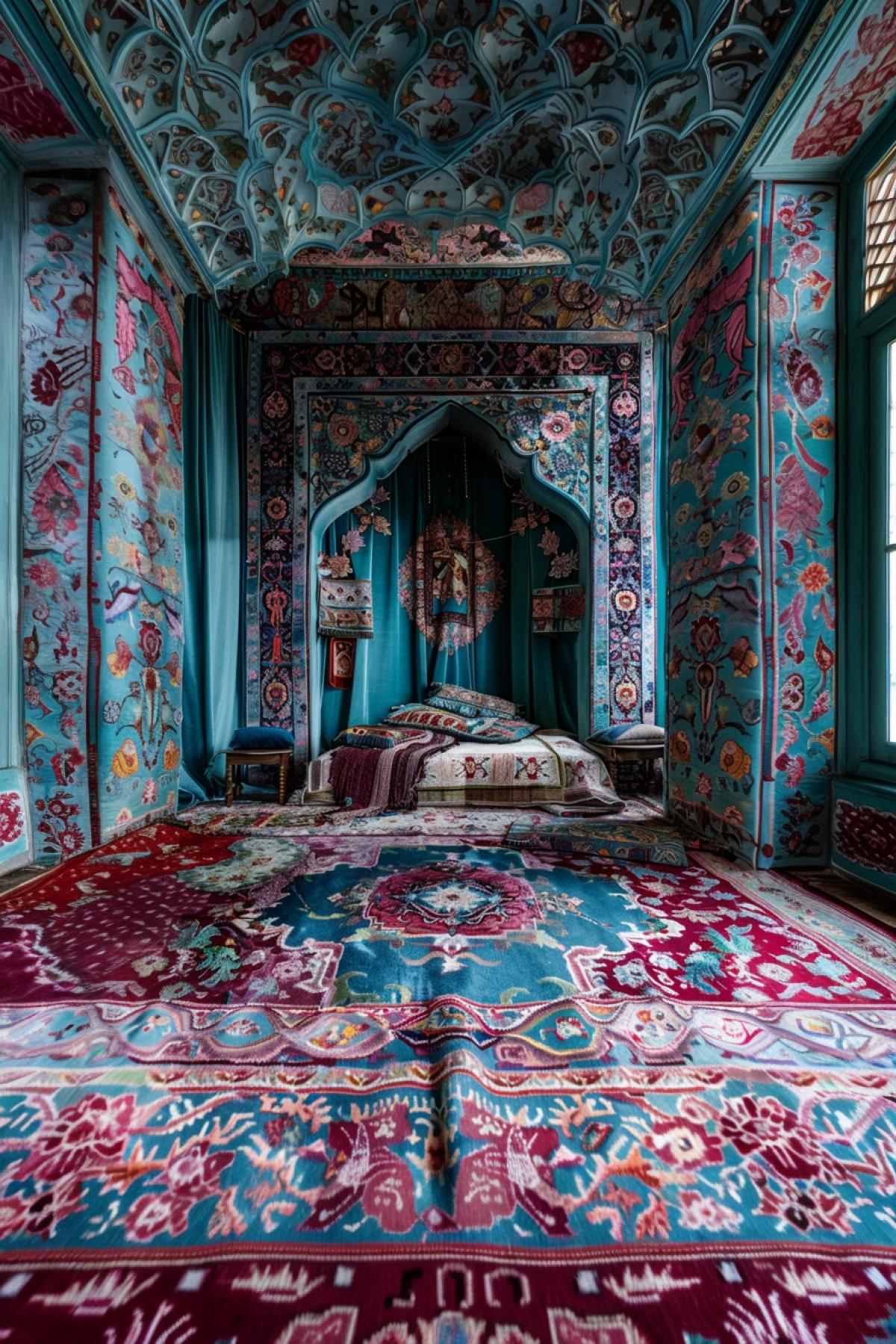 room made of Carpets, maximalism, , Gothic, ., Abstractionism, , 5D image, white-turquoise color, good photo quality
