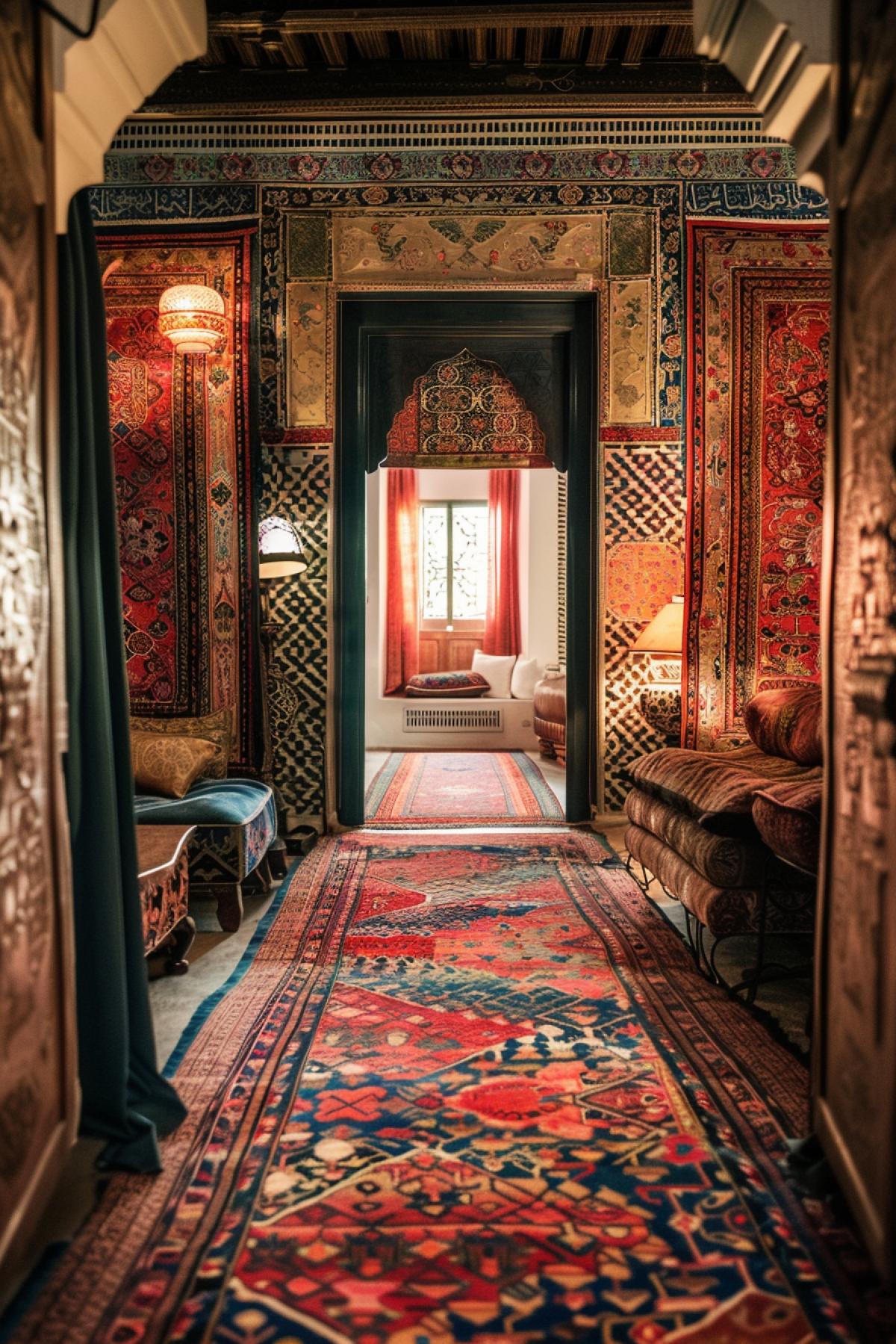 Enfiladed rooms decorated with rich Arab carpets bright colours luxury interior professional architectural photo