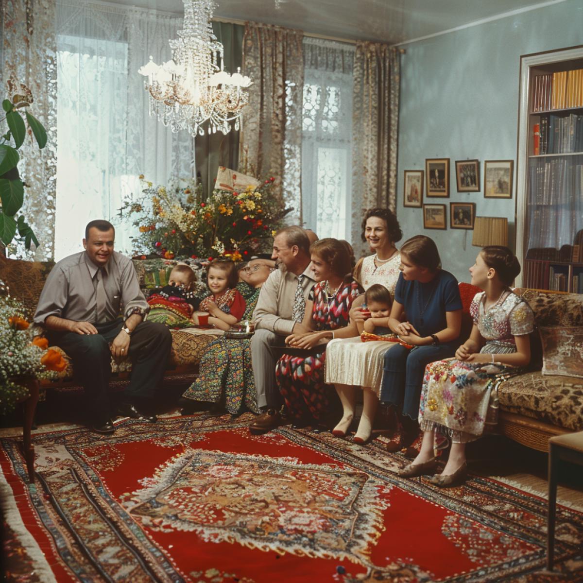 USSR style apartment with lots of carpets, family gathered for a birthday party, lots of carpets, carpets everywhere, joyful mood