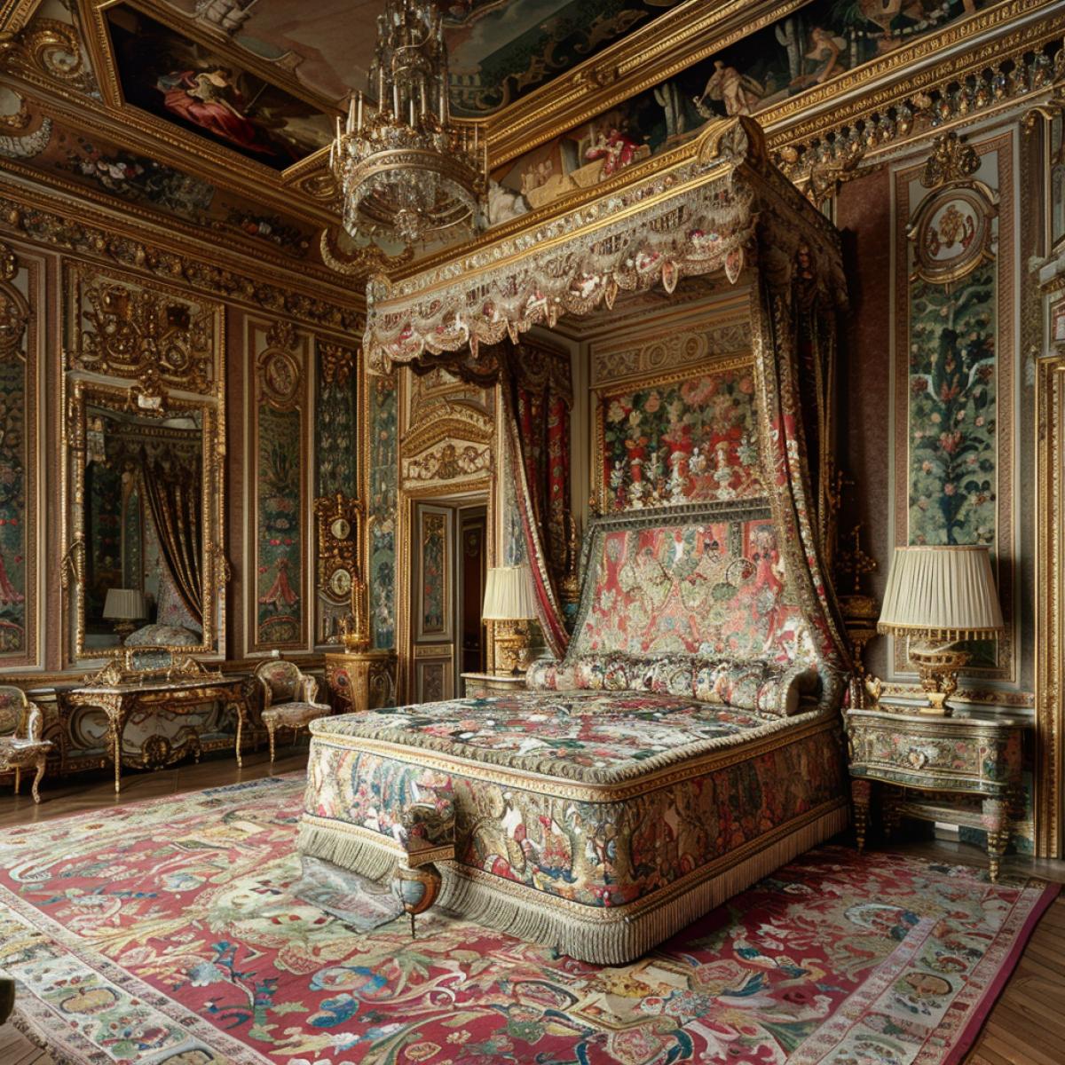 Bedroom in Versailles in oriental style with an abundance of different carpets