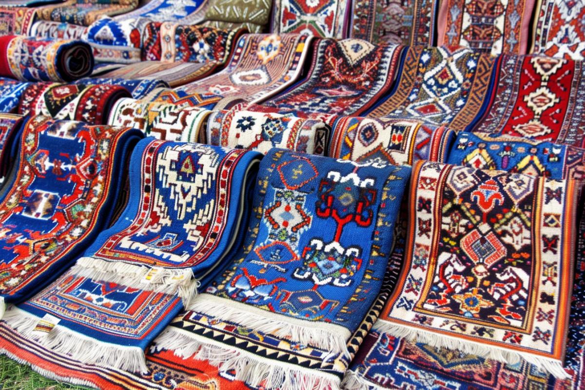 Photo of the living room interior, many different carpets on the floor, on the walls, on armchairs, on chairs, interior in the style of 1975, expensive, beautiful, bright, colored, with floral patterns, pile carpets, high quality photo, for a glamor magazine.