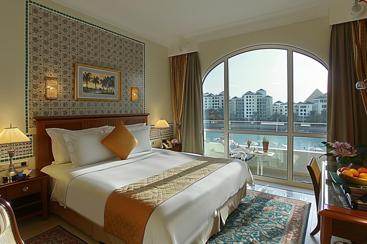 Bedroom interior, richly decorated with a variety of carpets
