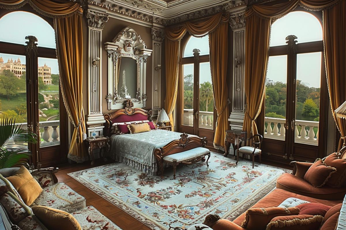 Bedroom interior, richly decorated with a variety of carpets