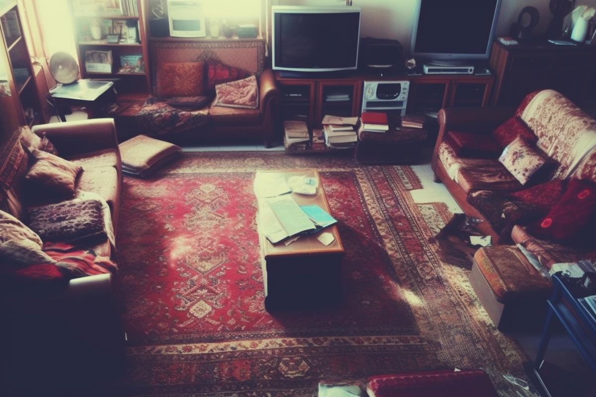 An ordinary city apartment with a lot of carpets on the walls, on the sofa, on the chairs and on the floor