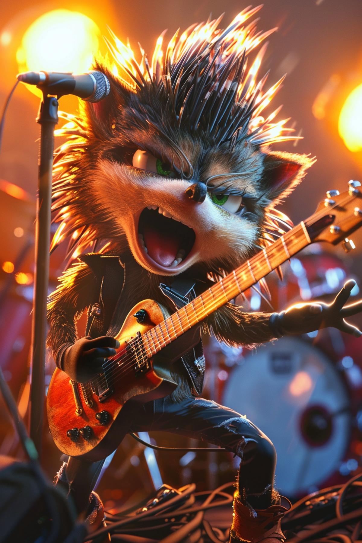 Drunken hedgehog as rockstar playing guitar and screaming into microphone rush dynamics epic 4k