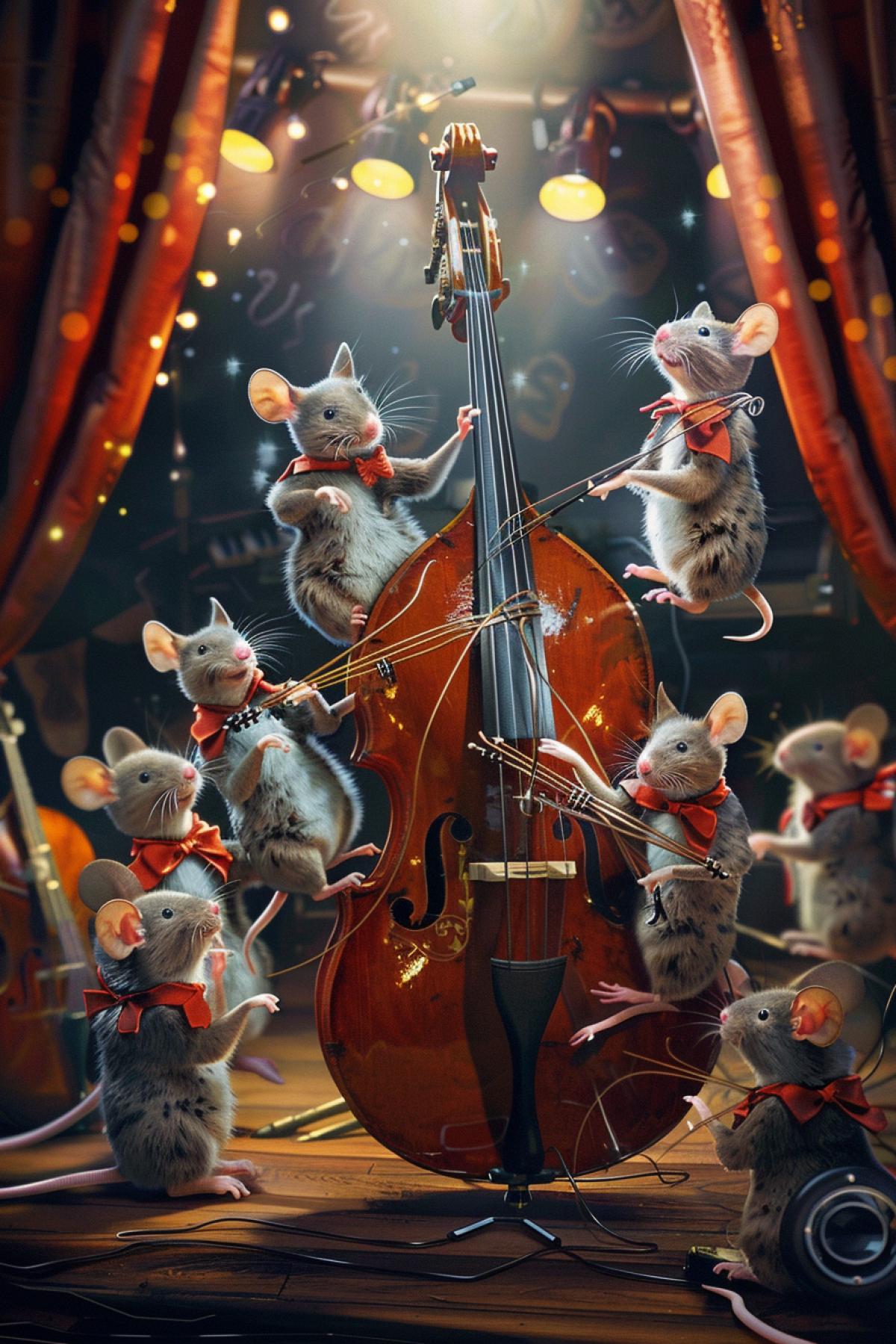 Hundred small mice wearing tailcoats playing one big double-bass several mice moving big bow, the rest pressing strings in various places on the background of scene back curtain in light of spotlights funny ironic illustration