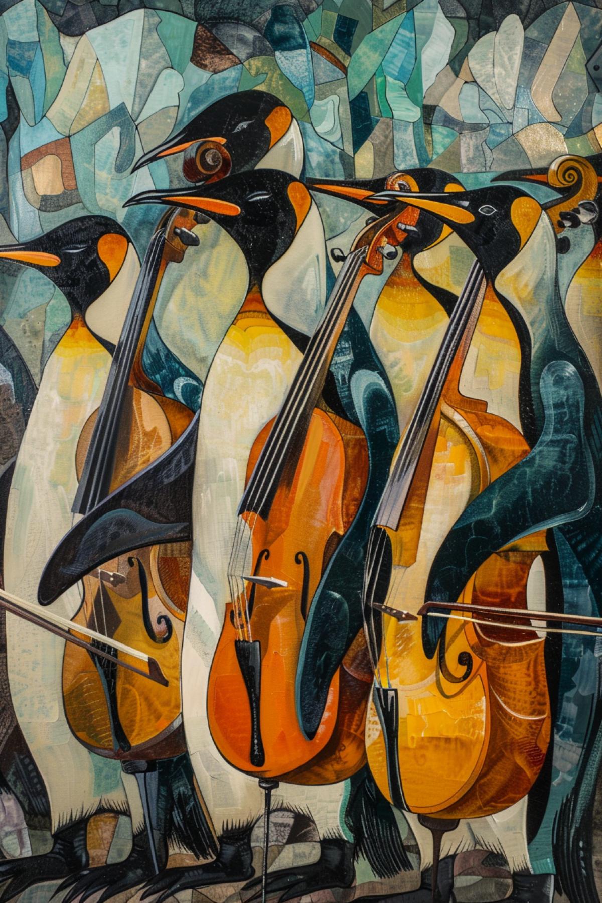 On the stage symphonic ordetailedra of king penguins enthusiastically playing all musical instruments violins and trumpets oil canvas