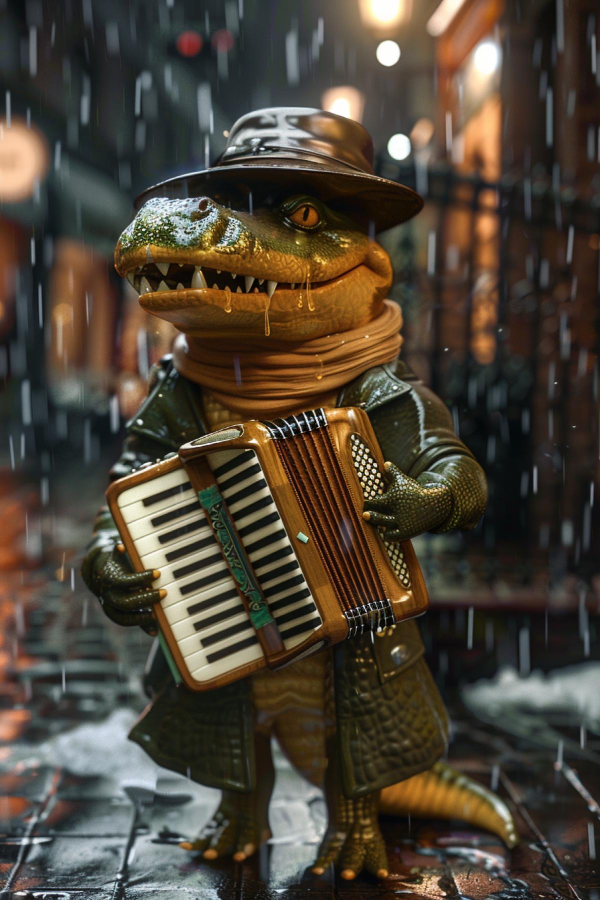 Kind sad crocodile wearing coat hat and scarf playing accordion in rainy street realistic