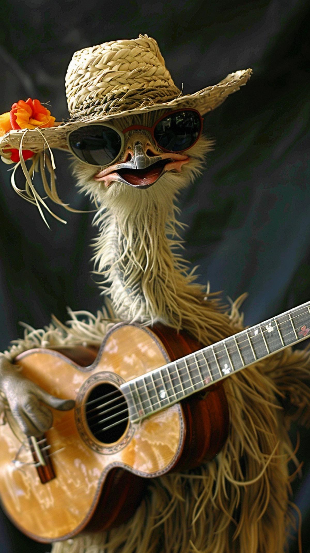 bird ostrich playing country music on guitar