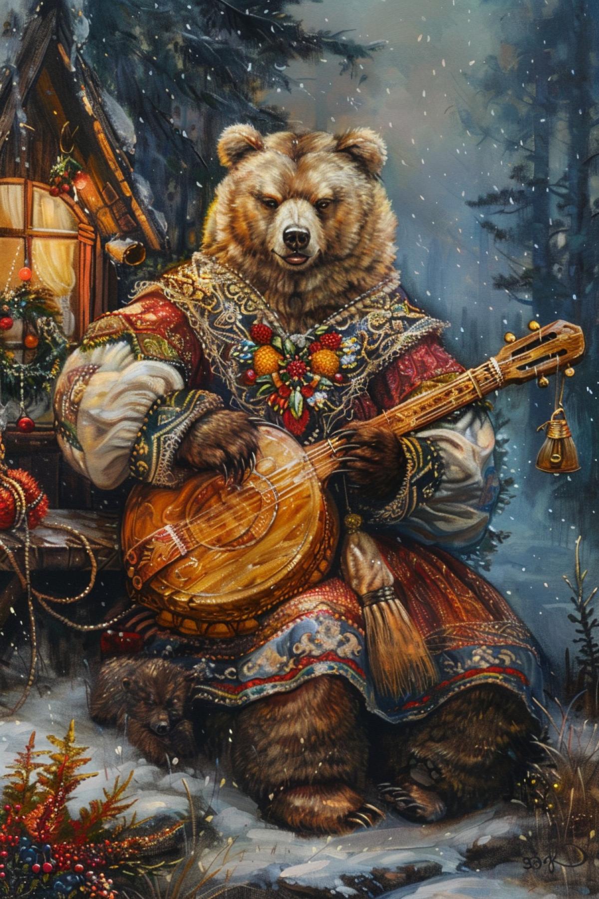 Bears in Russian and Slavic folk style, are in a hut and play on Old Slavic instruments, rattles, balalaikas, high quality, good detail, 8K, painting
