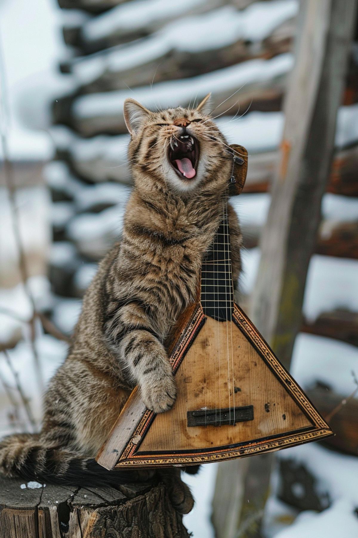 Russian pizzicato wooden instrument Equilateral triangle shape with sharp angles three-string fluffy cat playing it and singing screaming on background of Russian village scape