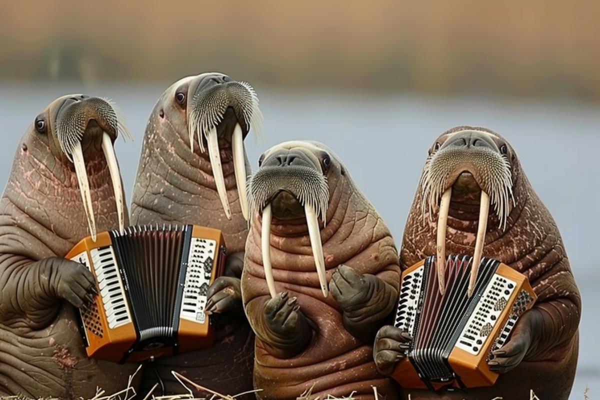 A group of shaggy walruses plays accordions on the ocean shore