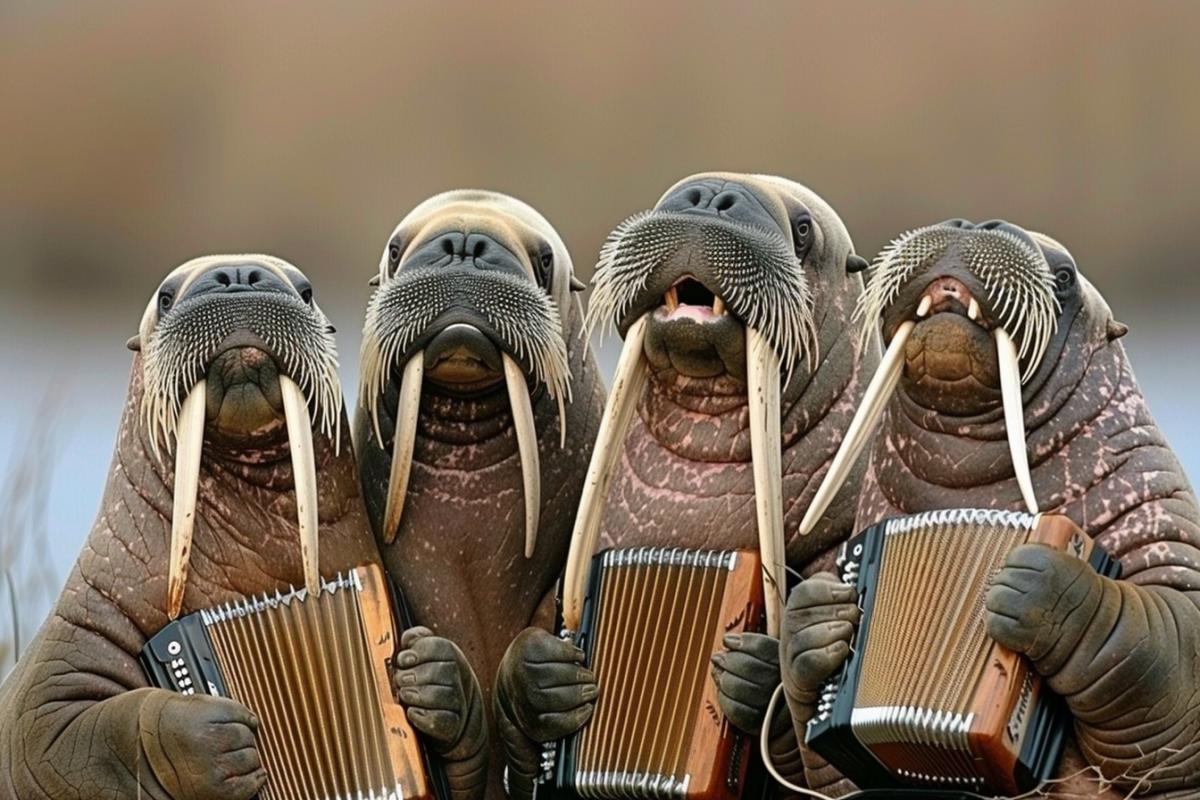A group of shaggy walruses plays accordions on the ocean shore