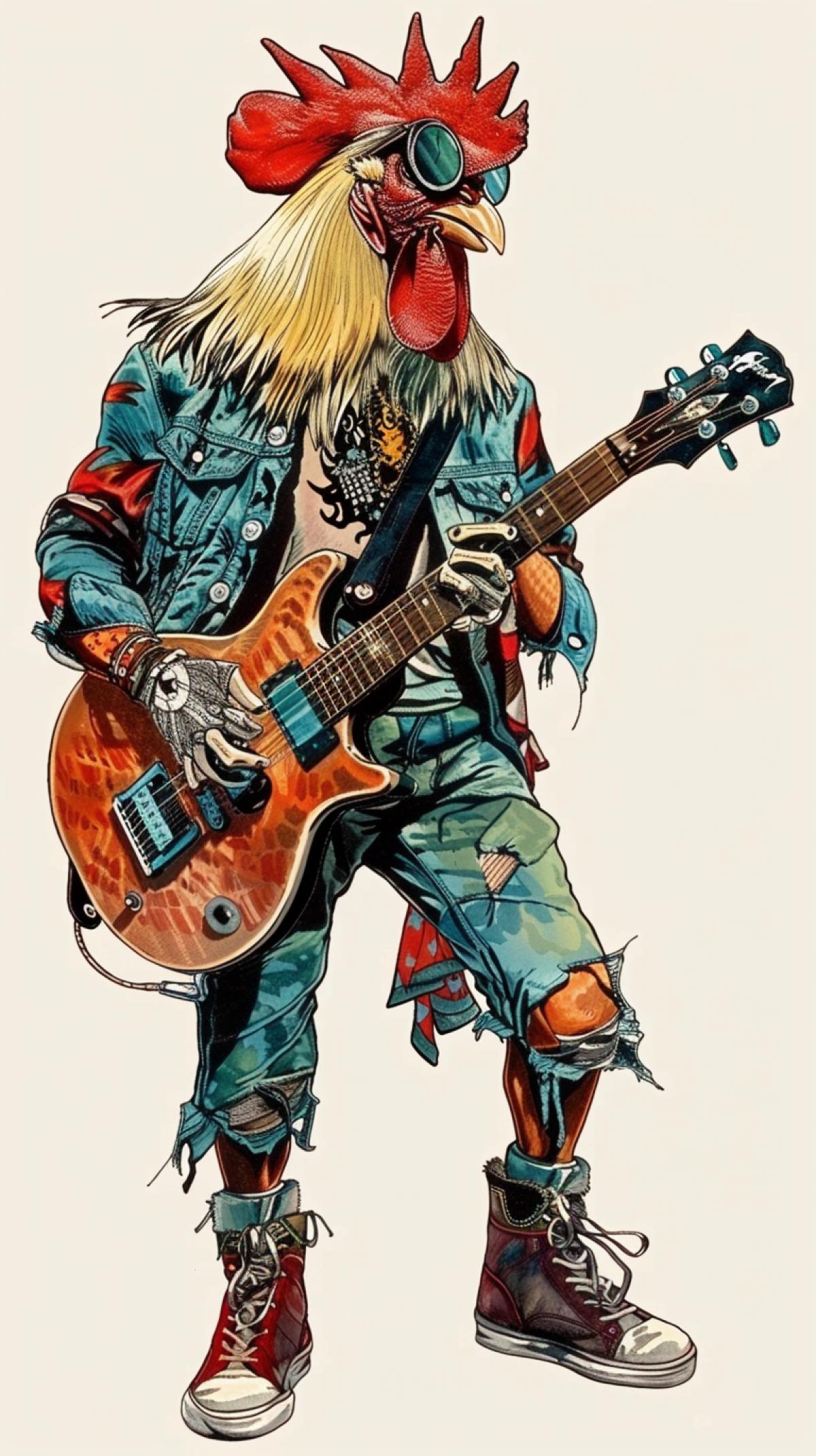 Bird rooster dressed in rocker clothes and bast shoes, plays the Russian folk musical instrument triangular balalaika, heavy rock