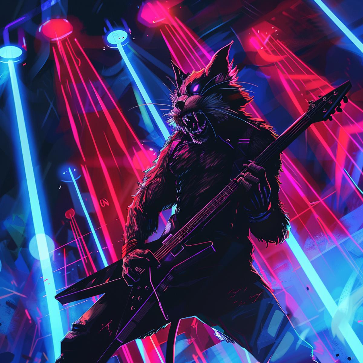 Wolverine plays guitar rock and roll on stage, rock style, neon lights, Manticore style