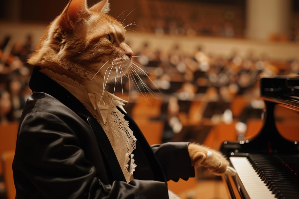 A very beautiful anthropomorphic cat in a classic concert tailcoat, sitting at the piano in the concert hall, performs classical music.